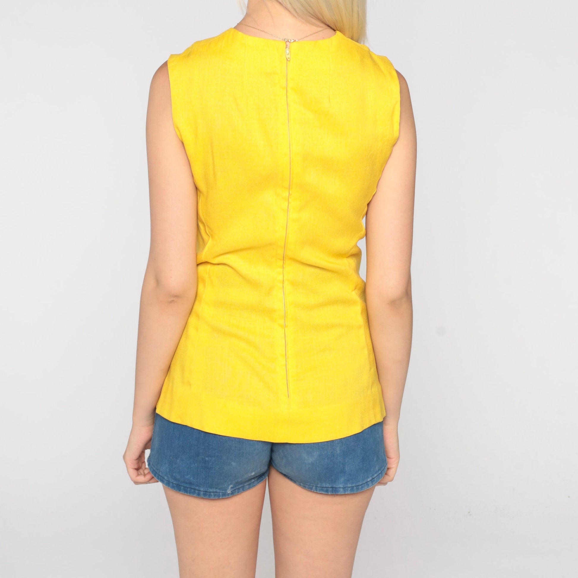 60s Yellow Tank Top V Neck Sleeveless Blouse Small