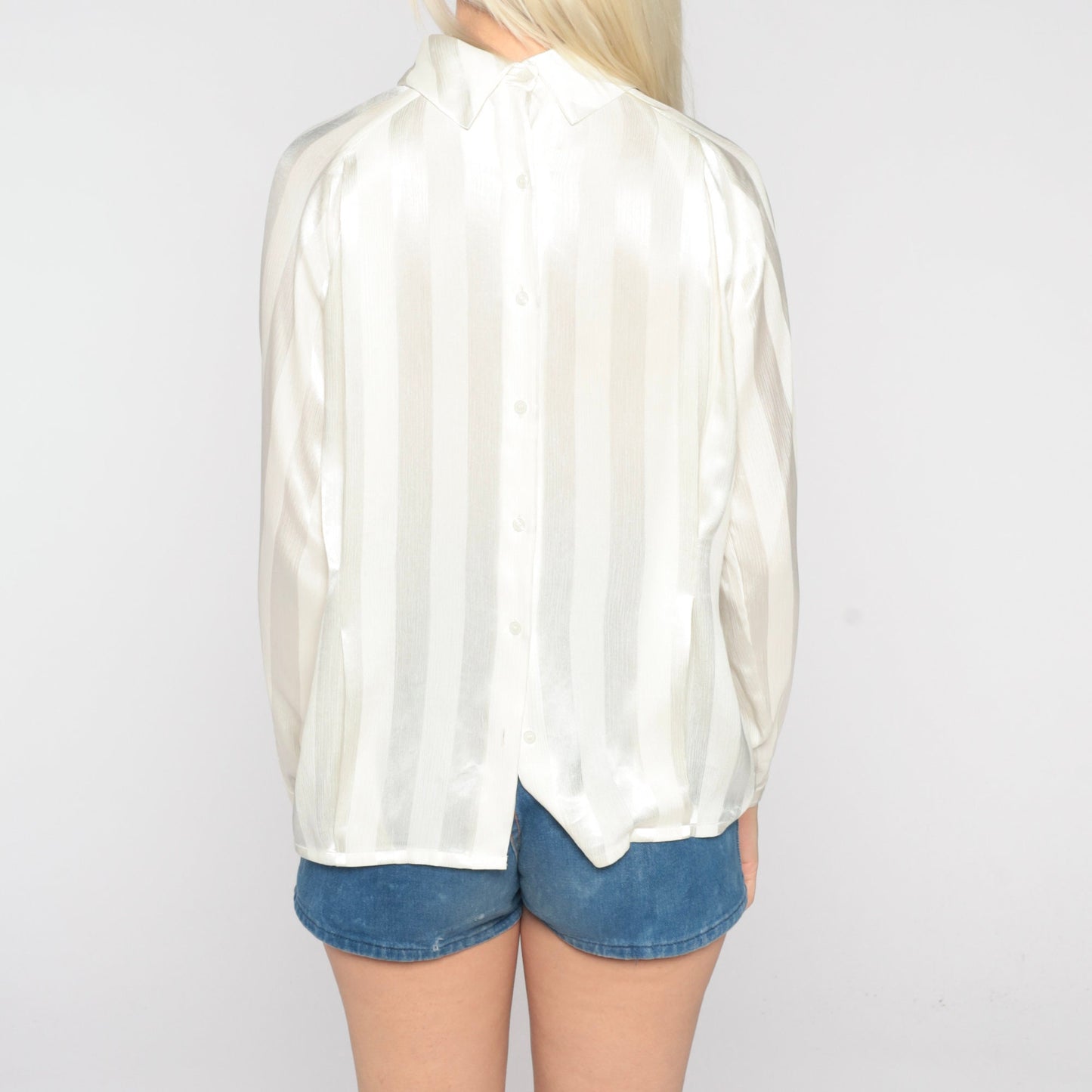 70s White Striped Turtleneck Blouse Long Sleeve Semi Sheer Medium M