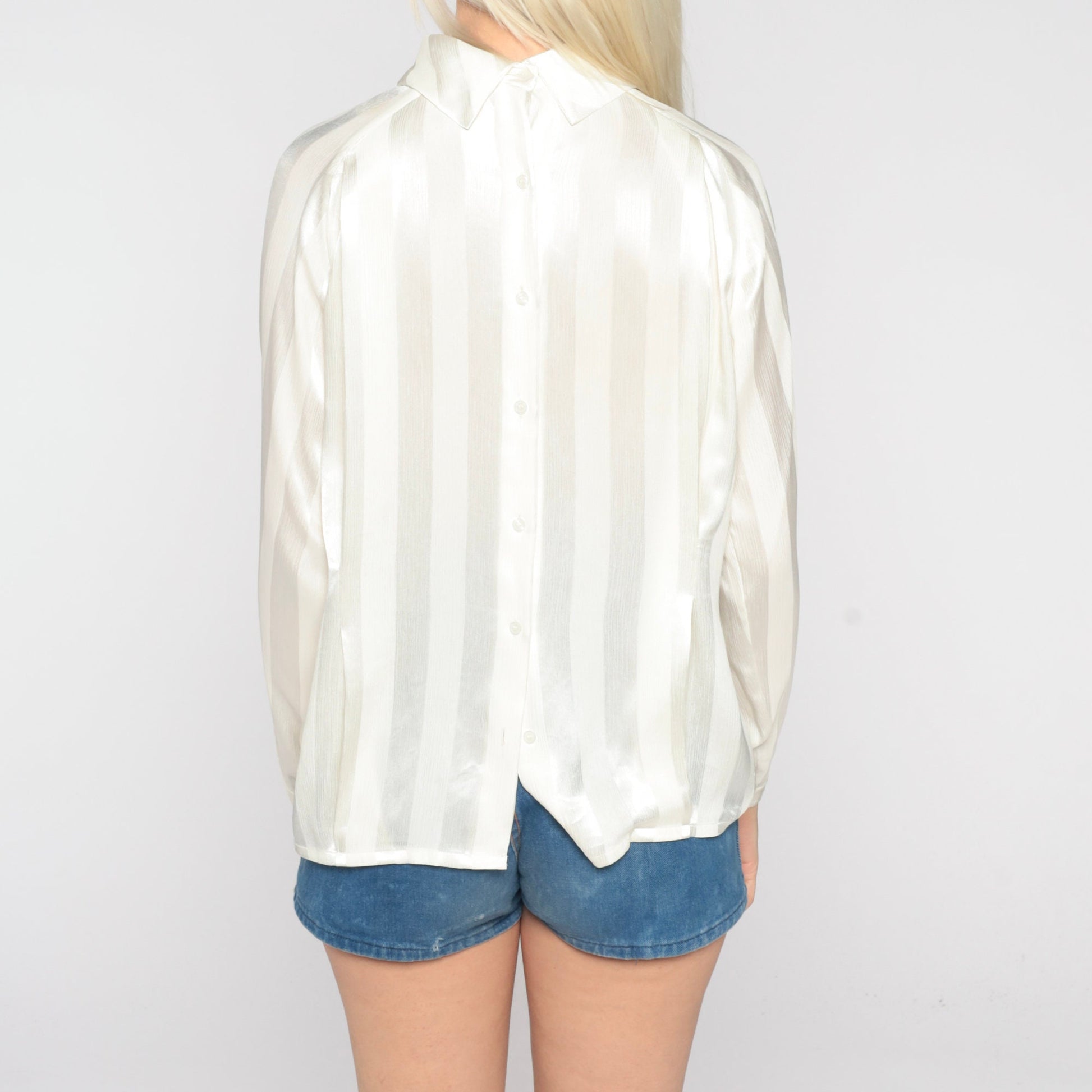 70s White Striped Turtleneck Blouse Long Sleeve Semi Sheer Medium M