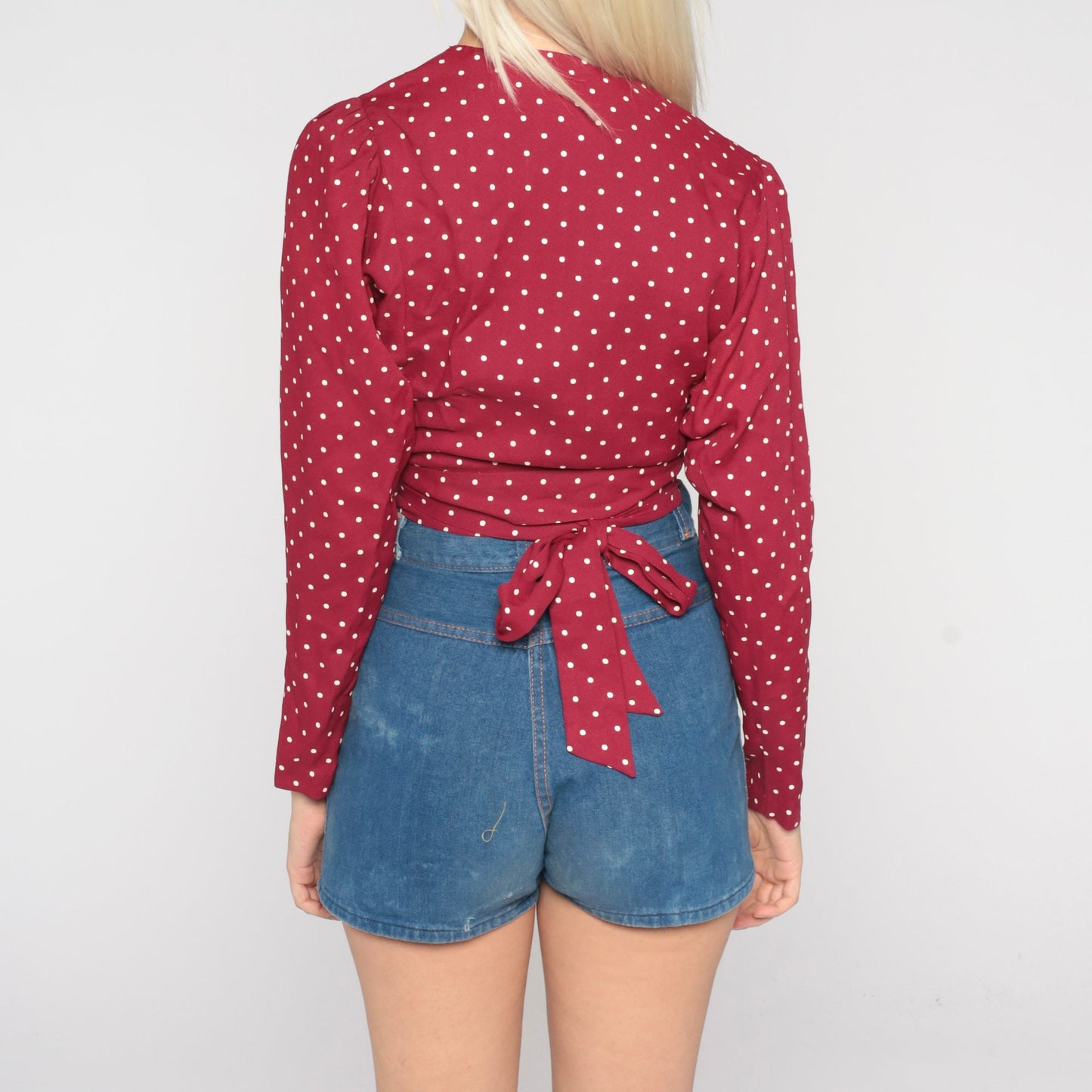 70s Polka Dot Wrap Blouse Burgundy Long Sleeve Crop Top Small