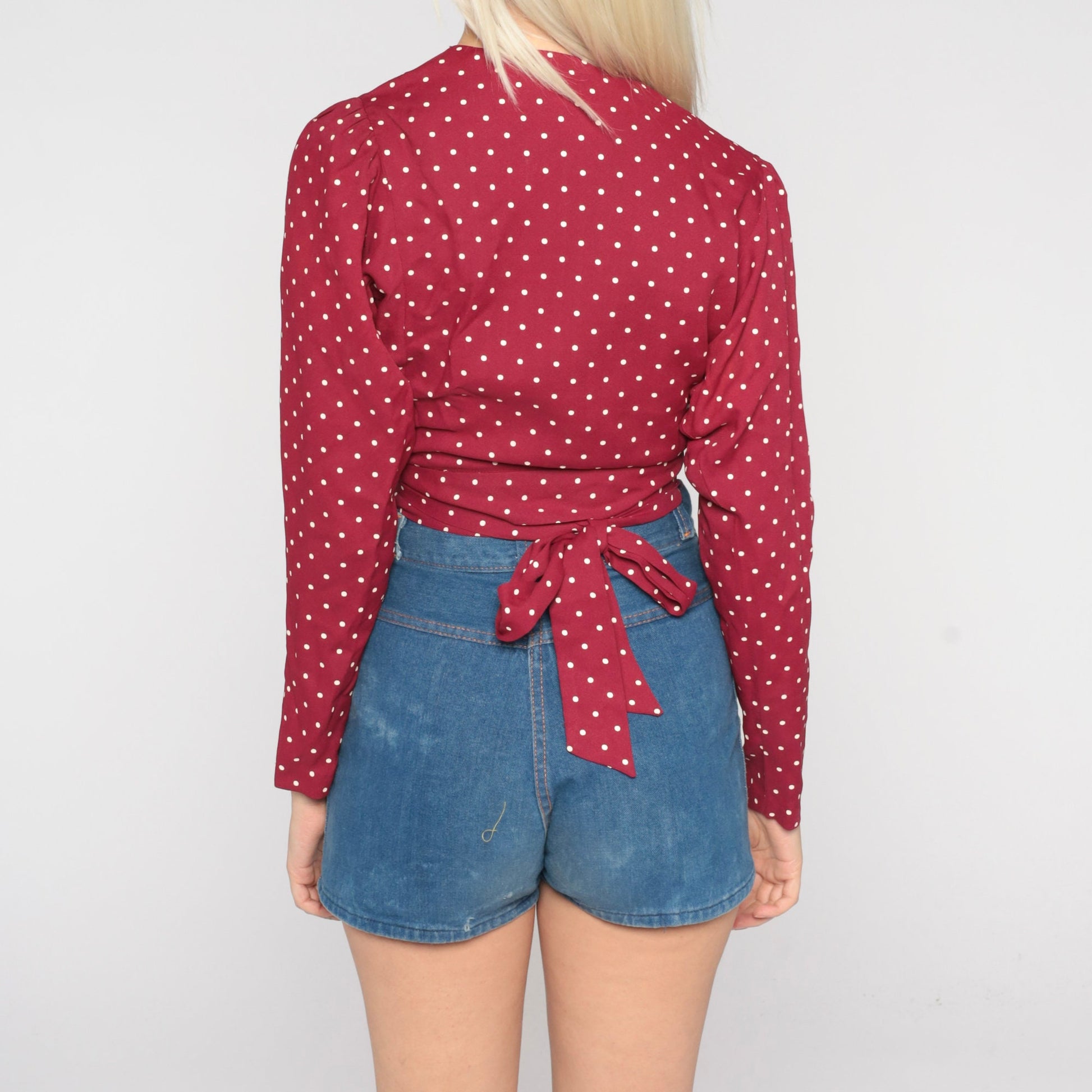 70s Polka Dot Wrap Blouse Burgundy Long Sleeve Crop Top Small
