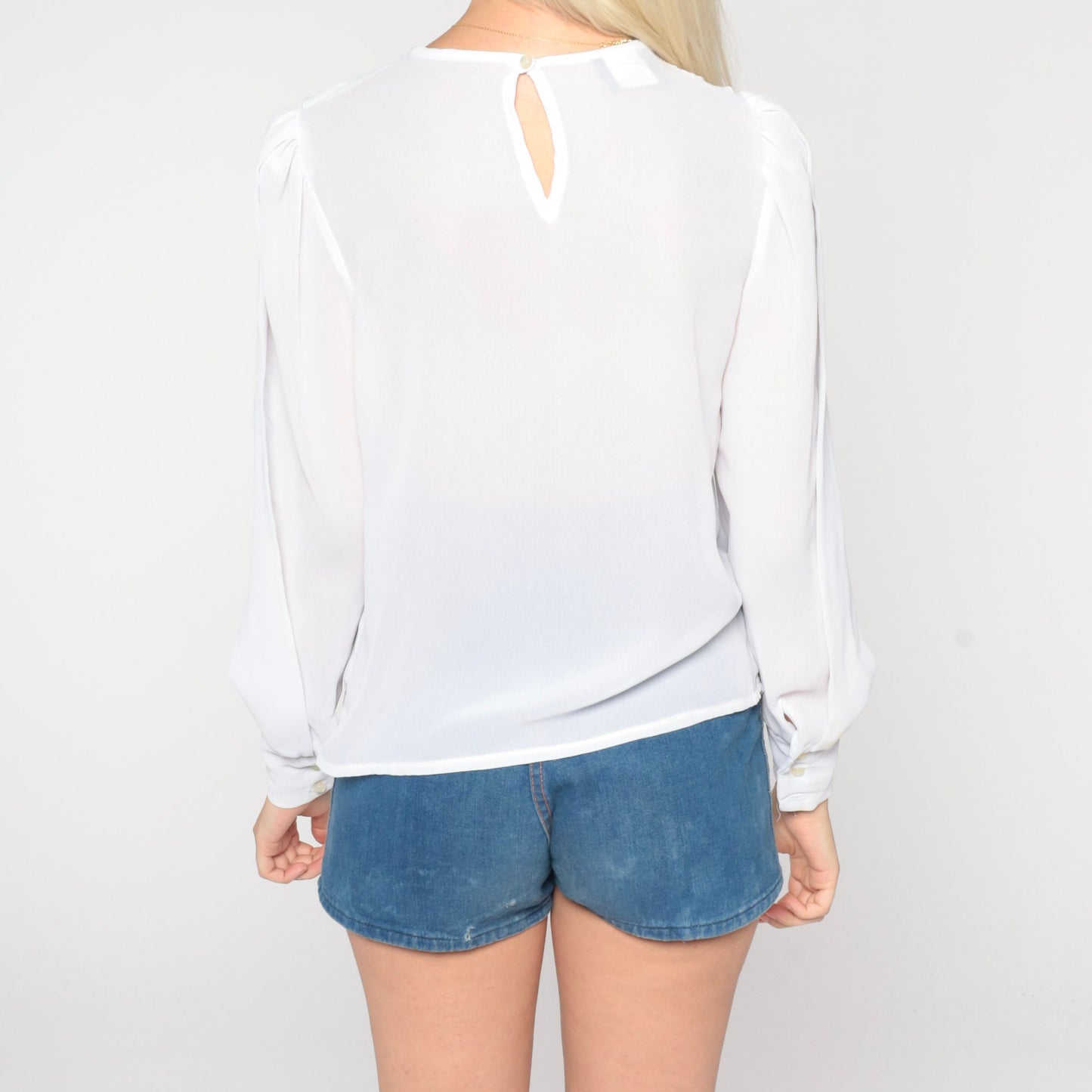 80s White Eyelet Blouse Puff Sleeve Sheer Bib Top Small