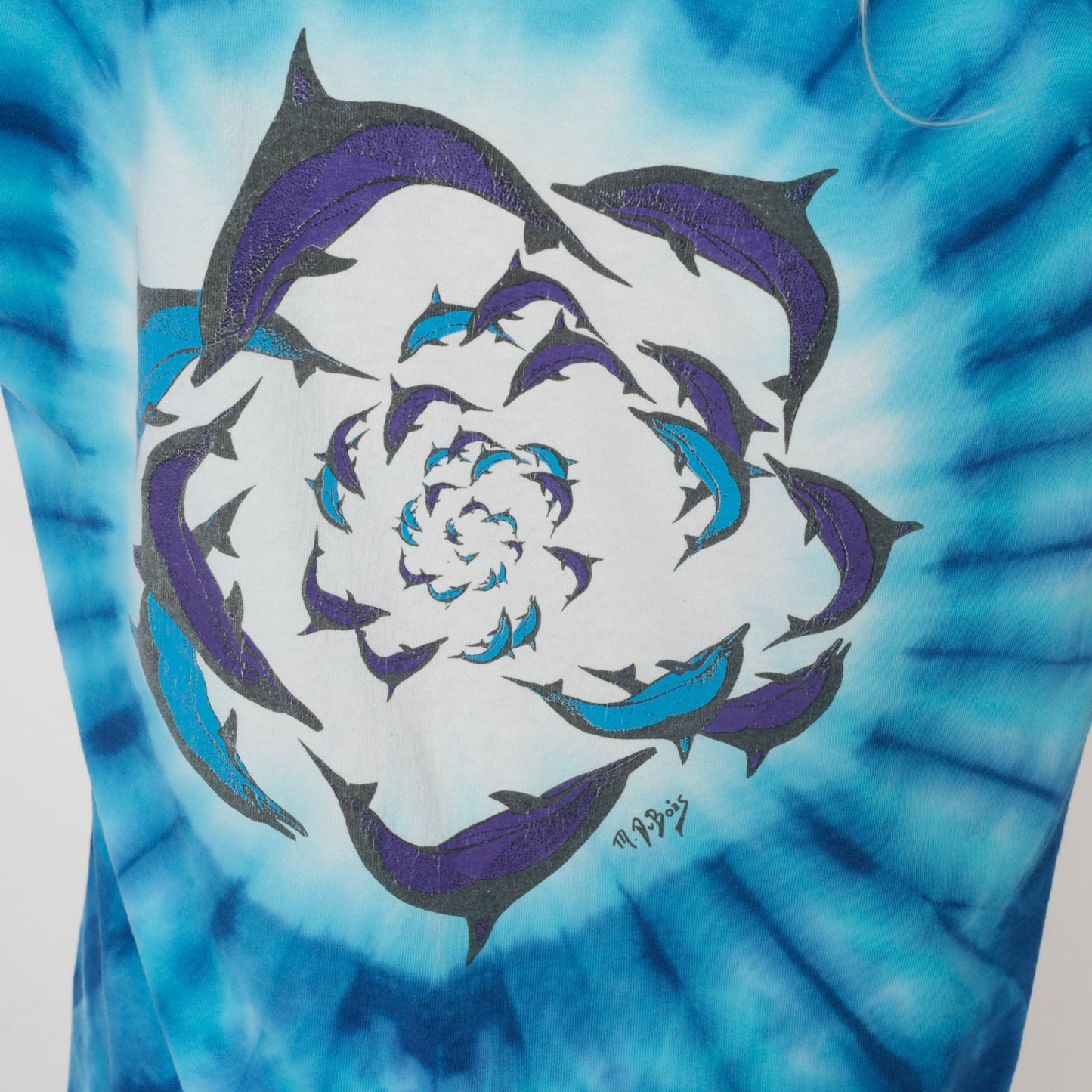 90s Dolphin Tie Dye Graphic T-Shirt Blue Galactic Print Cotton Medium