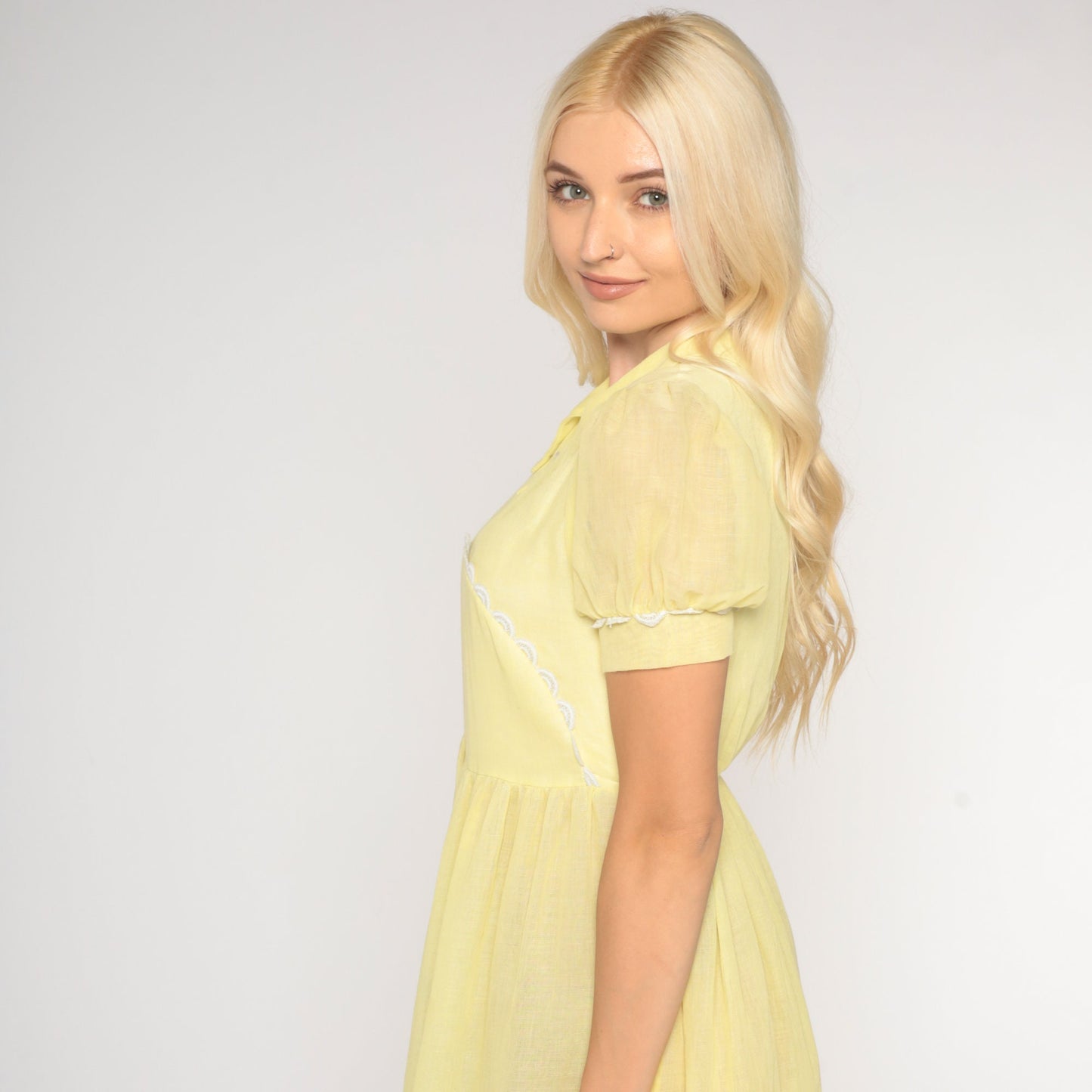 1970s Sheer Pastel Yellow Maxi Dress Puff Sleeve High Waist Extra Small