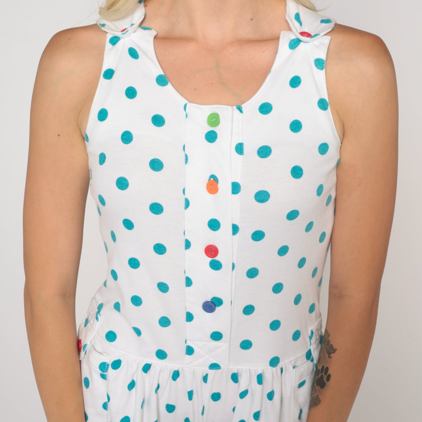 80s White Polka Dot Romper Sleeveless Playsuit Shorts Low Waist Extra Small