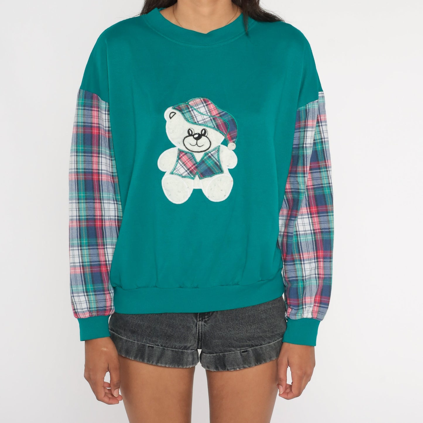 90s Teddy Bear Teal Plaid Sleeve Crewneck Sweatshirt Large L