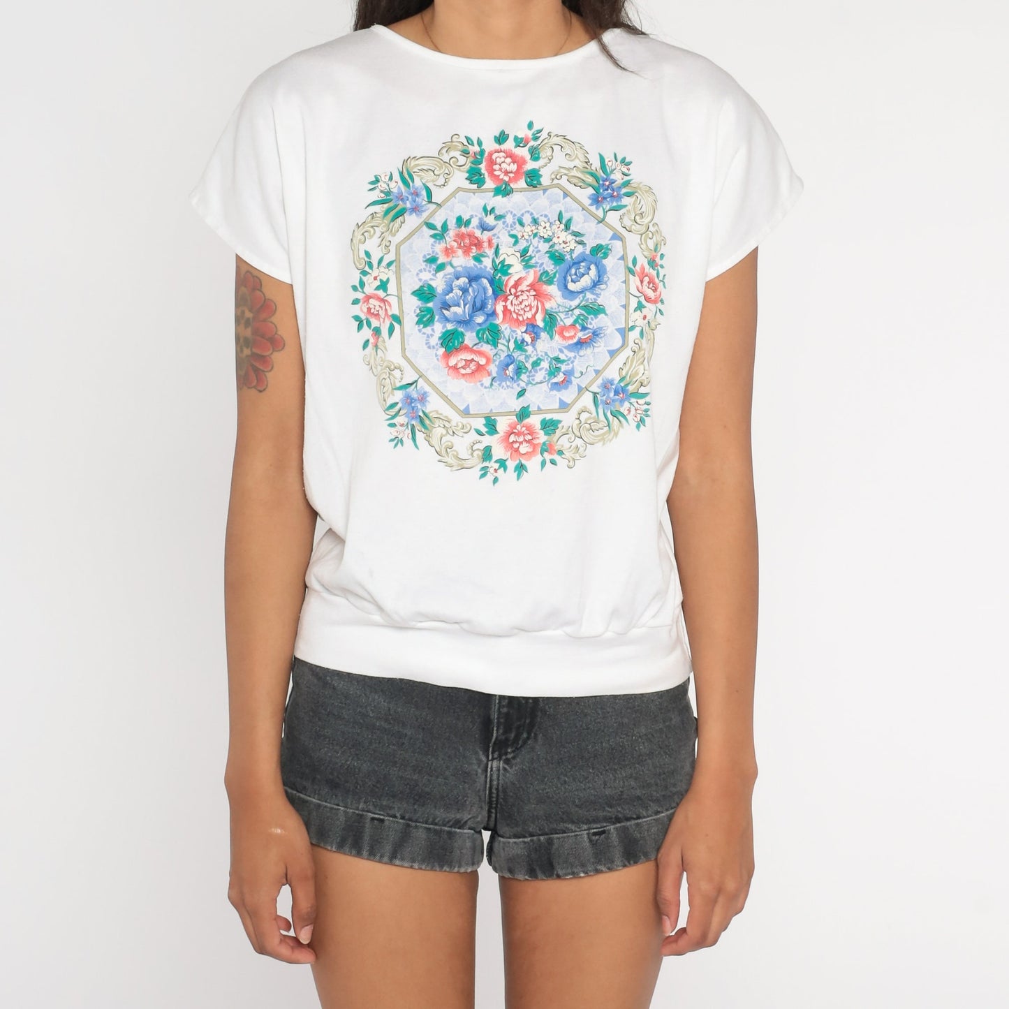 80s White Floral Print Short Sleeve Shirt Loose Fit Blouse Small S