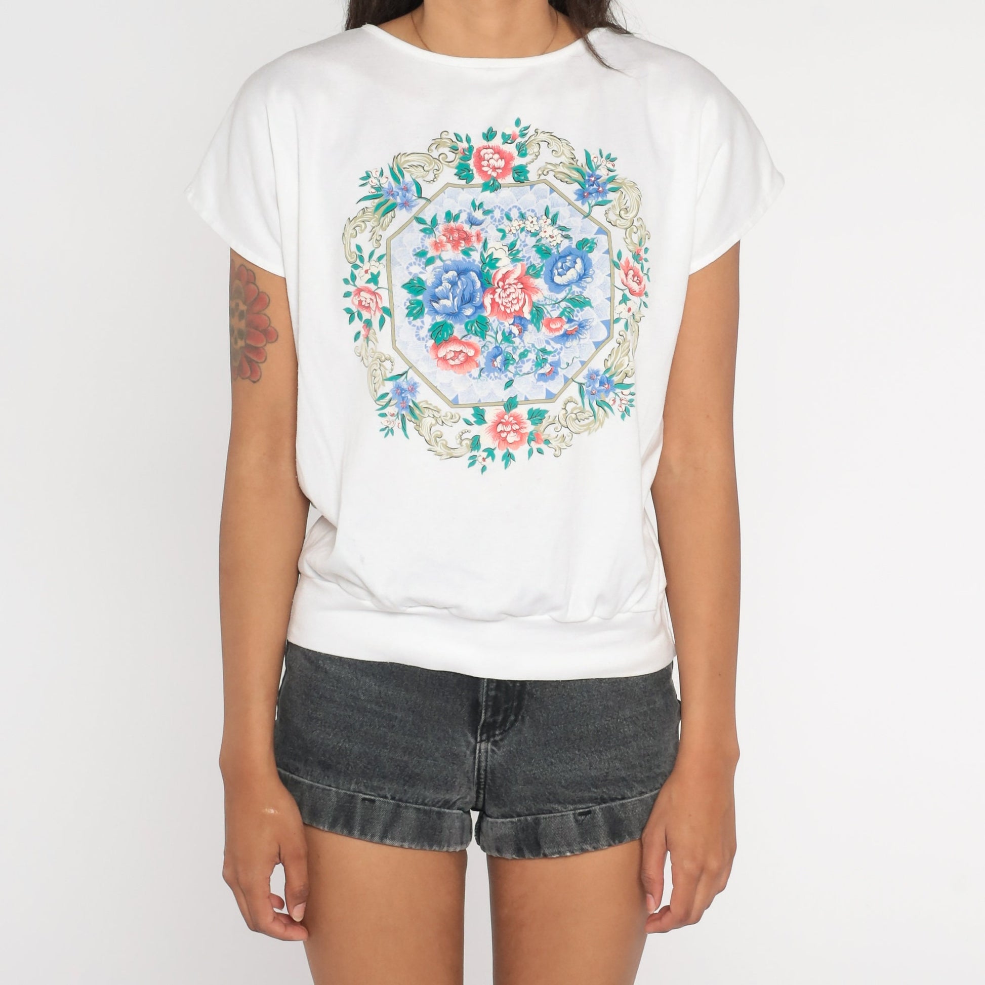 80s White Floral Print Short Sleeve Shirt Loose Fit Blouse Small S