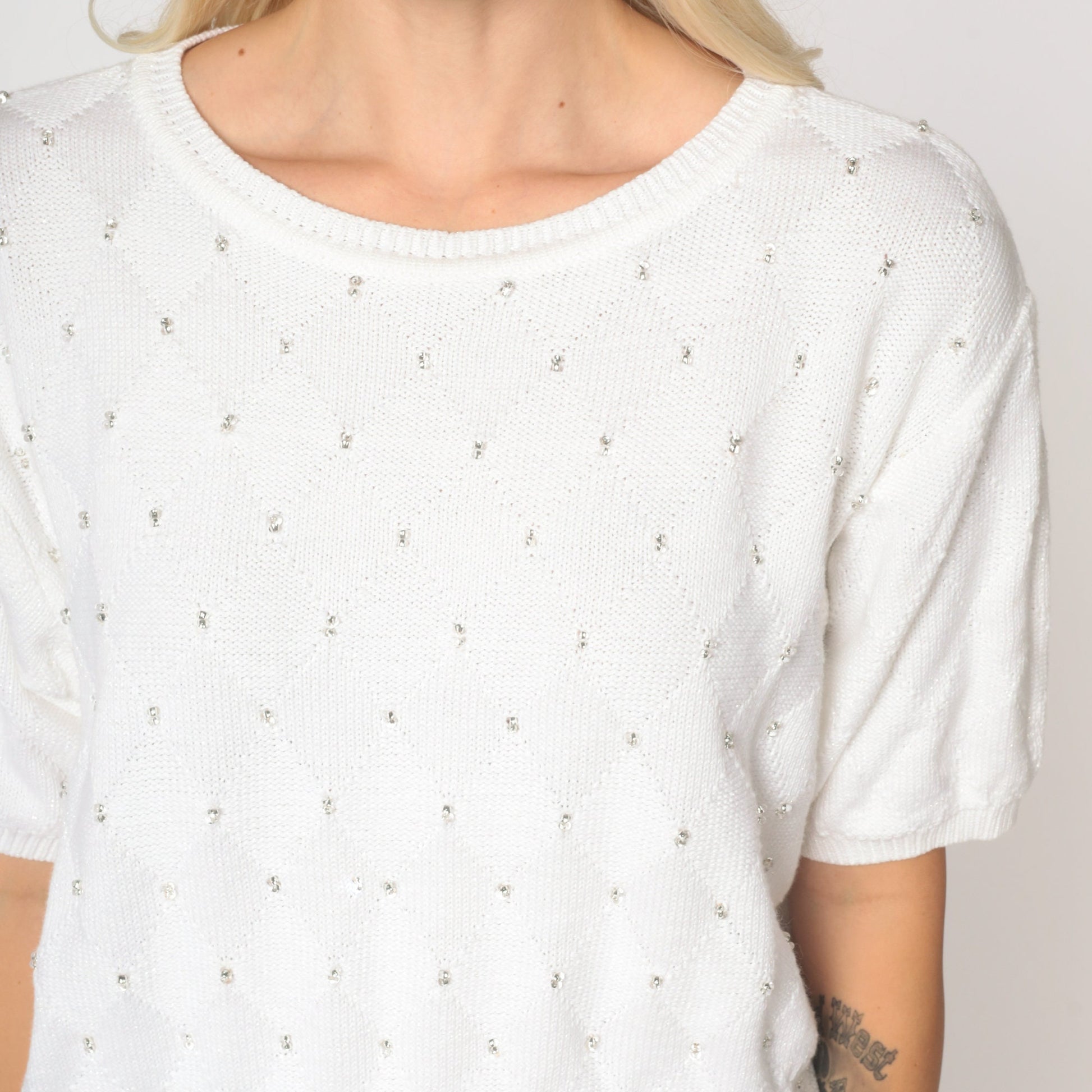 80s Liz Claiborne White Knit Blouse Beaded Cutout Short Sleeve Large L