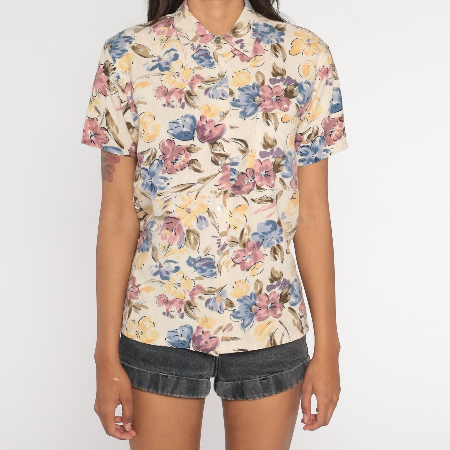 90s Silk Floral Button-Up Shirt Short Sleeve Botanical Beige Blue Yellow Small