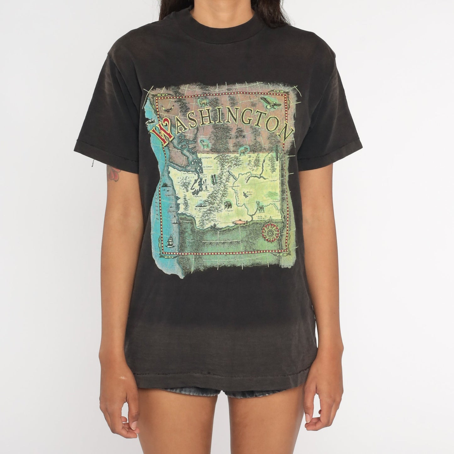 90s Washington State Map T-Shirt Black Faded Graphic Tee Medium