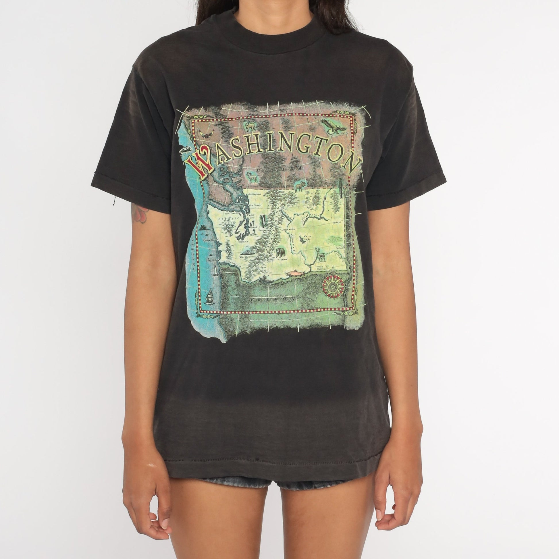 90s Washington State Map T-Shirt Black Faded Graphic Tee Medium