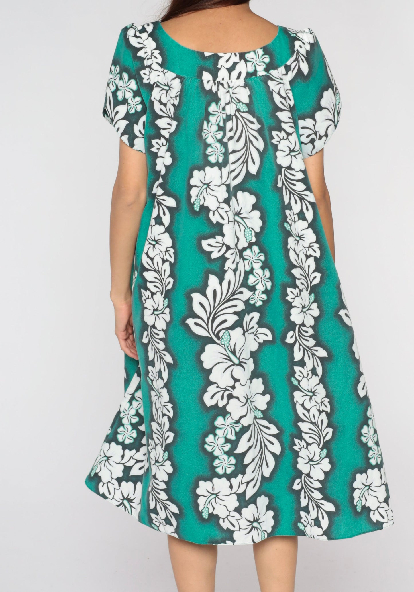 90s Hawaiian Tropical Floral Midi Dress Green Tent Cut Tulip Sleeve Medium