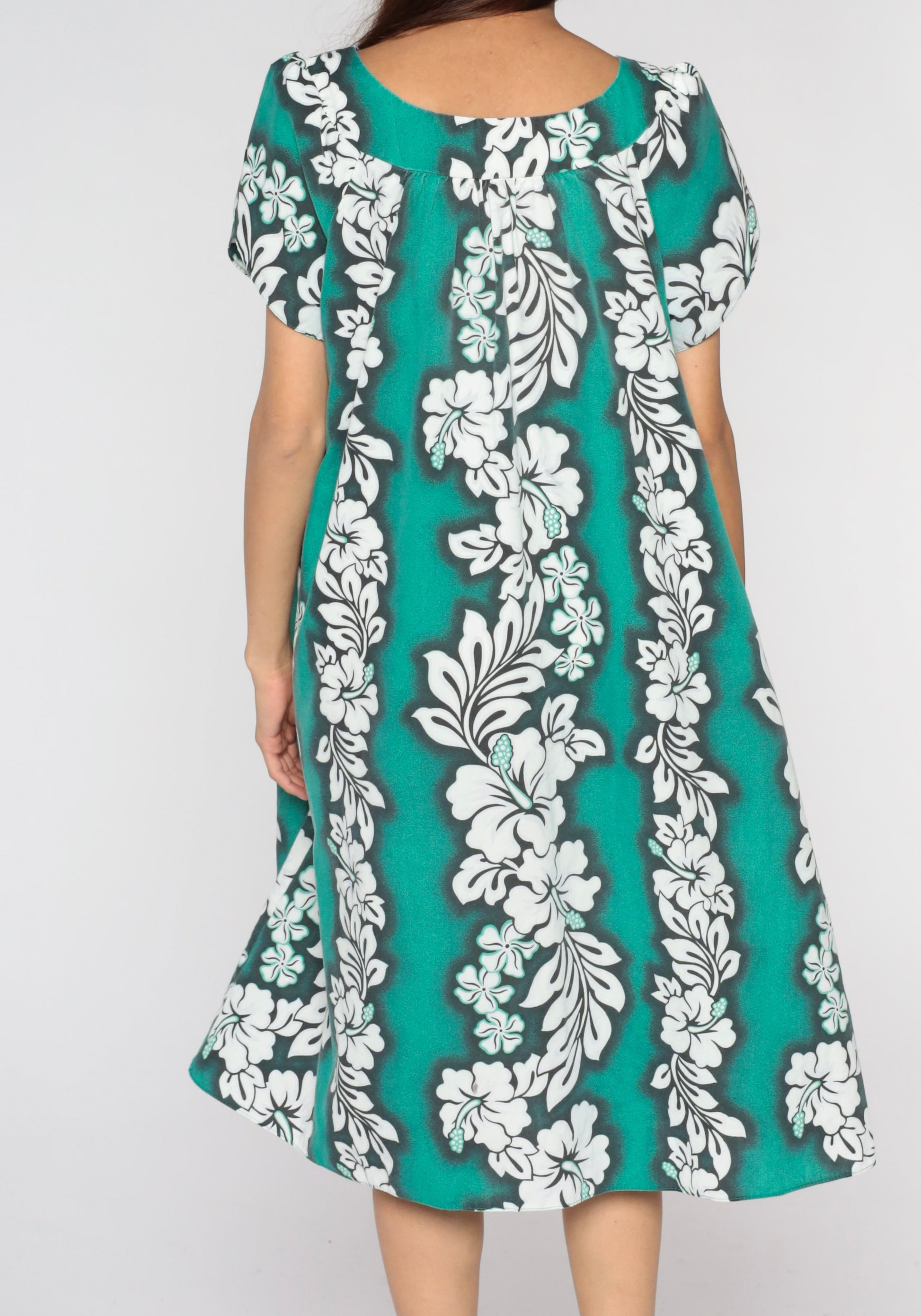 90s Hawaiian Tropical Floral Midi Dress Green Tent Cut Tulip Sleeve Medium