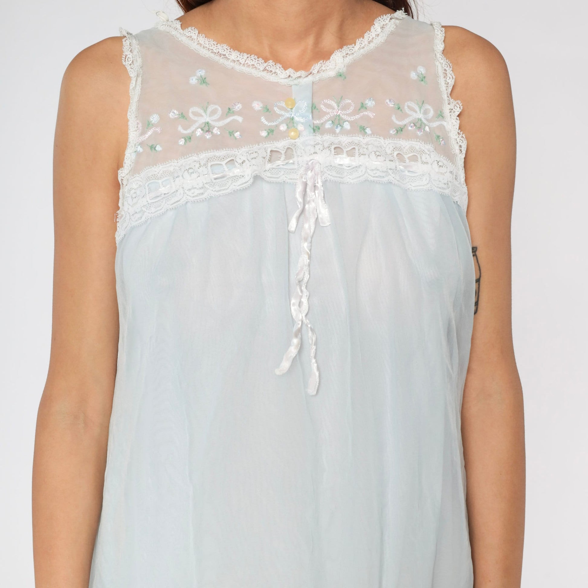 70s Baby Blue Nylon Nightgown Embroidered Lace Bib Mini Slip Dress Small