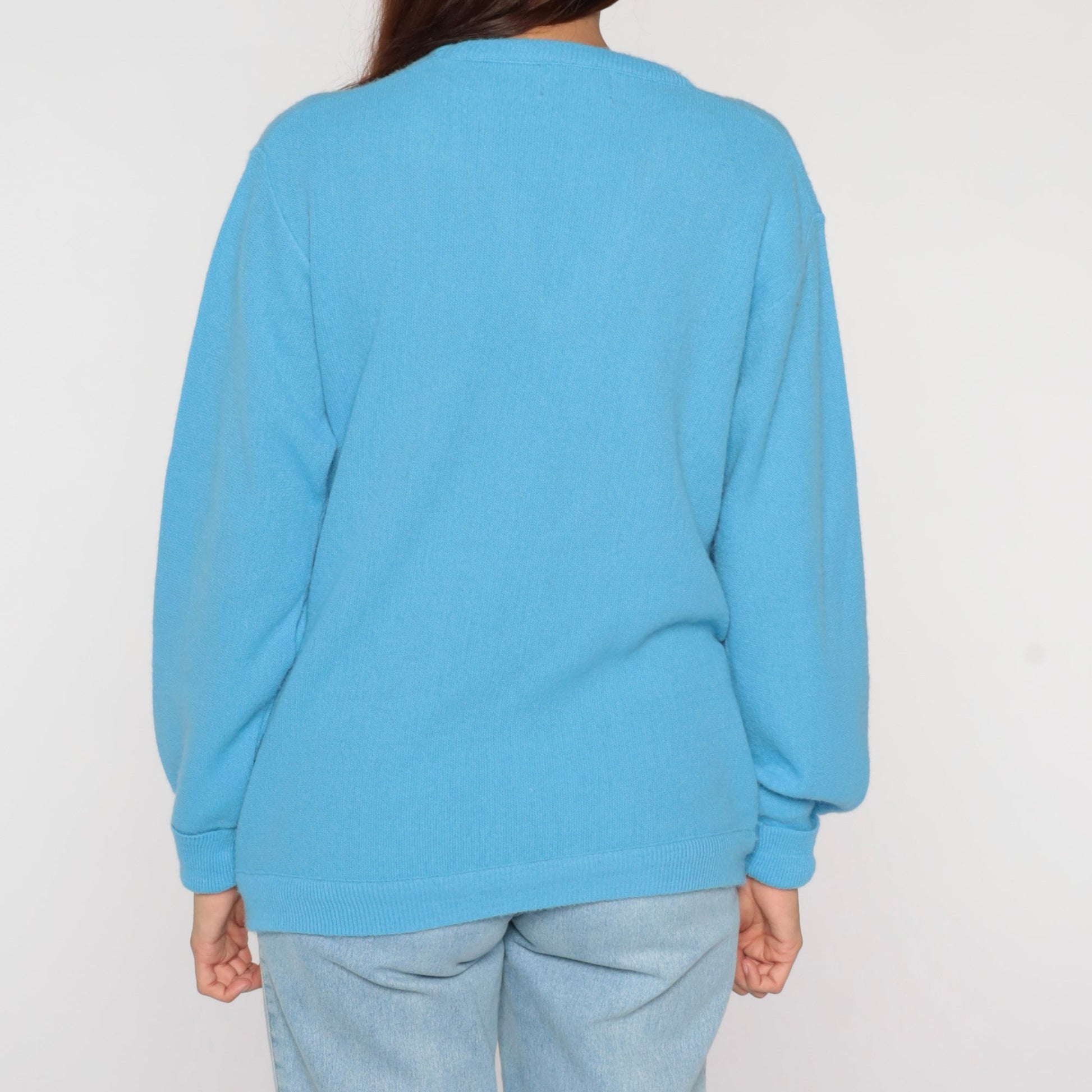 80s Light Blue Fox Emblem V-Neck Pullover Sweater Small S