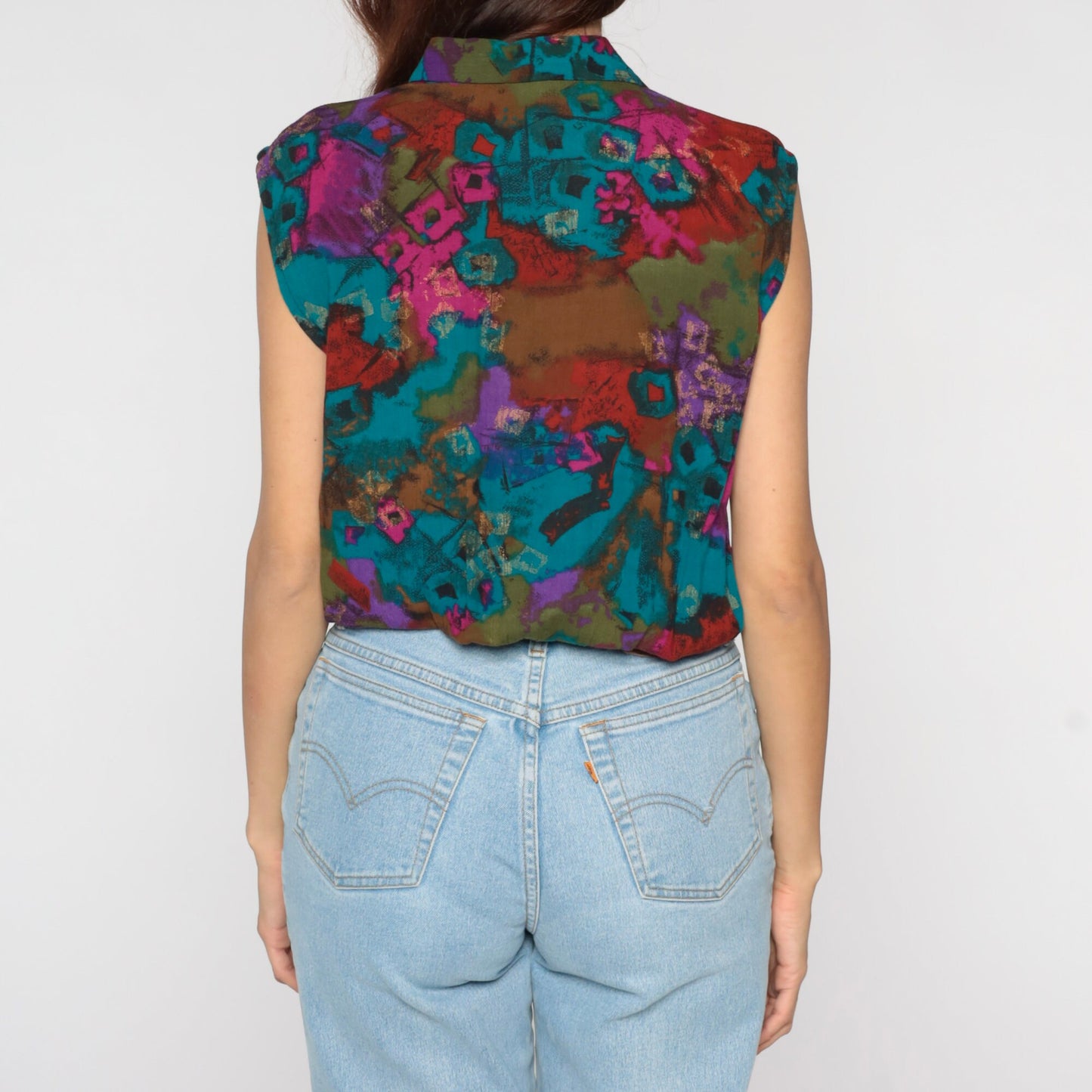 90s Abstract Print Tie Front Crop Top Rayon Button Up Collared Medium
