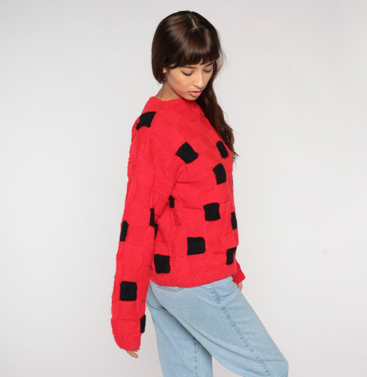 80s Red Black Checkered Knit Sweater Crewneck Pullover Medium Large