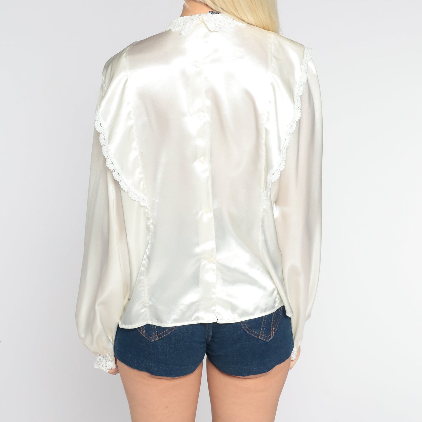 70s Sonya Ratay Cream Satin Blouse Lace Ruffled Long Sleeve Large L