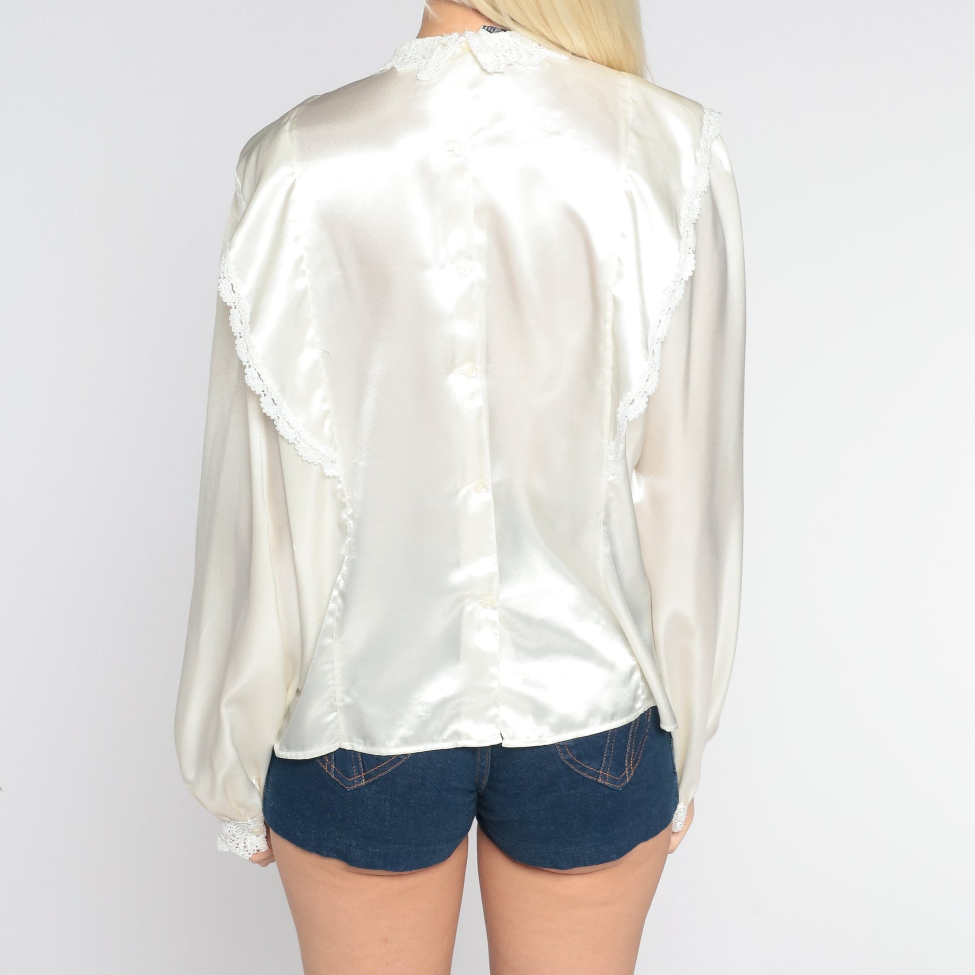 70s Sonya Ratay Cream Satin Blouse Lace Ruffled Long Sleeve Large L