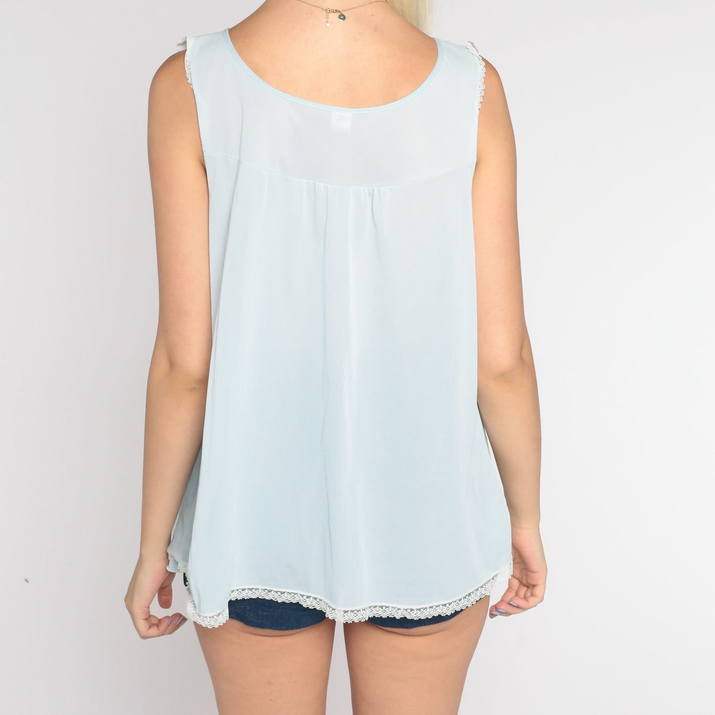 70s Baby Blue Babydoll Lingerie Top Floral Embroidered Lace Bib Medium M
