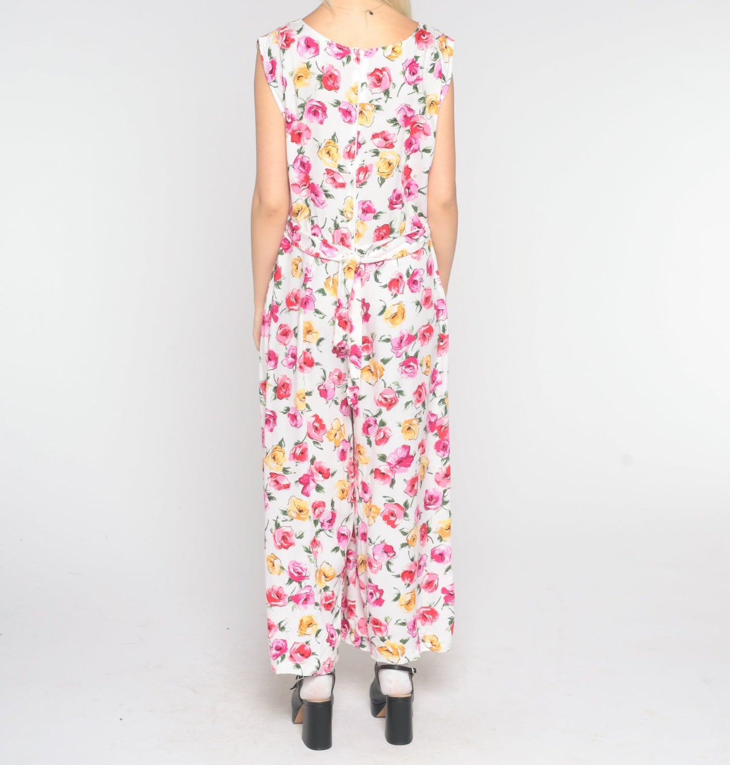90s Floral Jumpsuit White Pink Wide Leg Sleeveless One Piece Large L