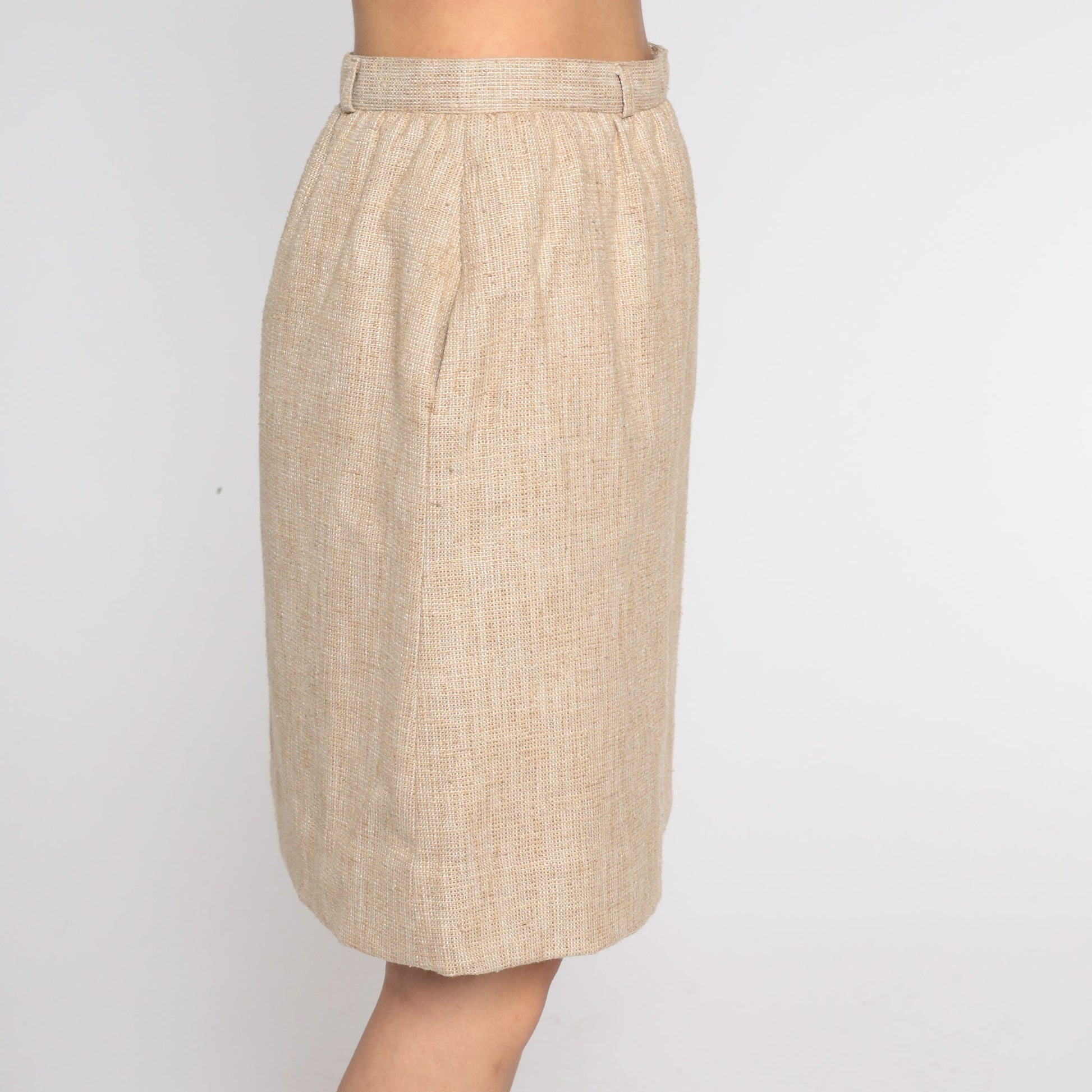80s Tan Tweed Pencil Skirt High Waist Mini Small S