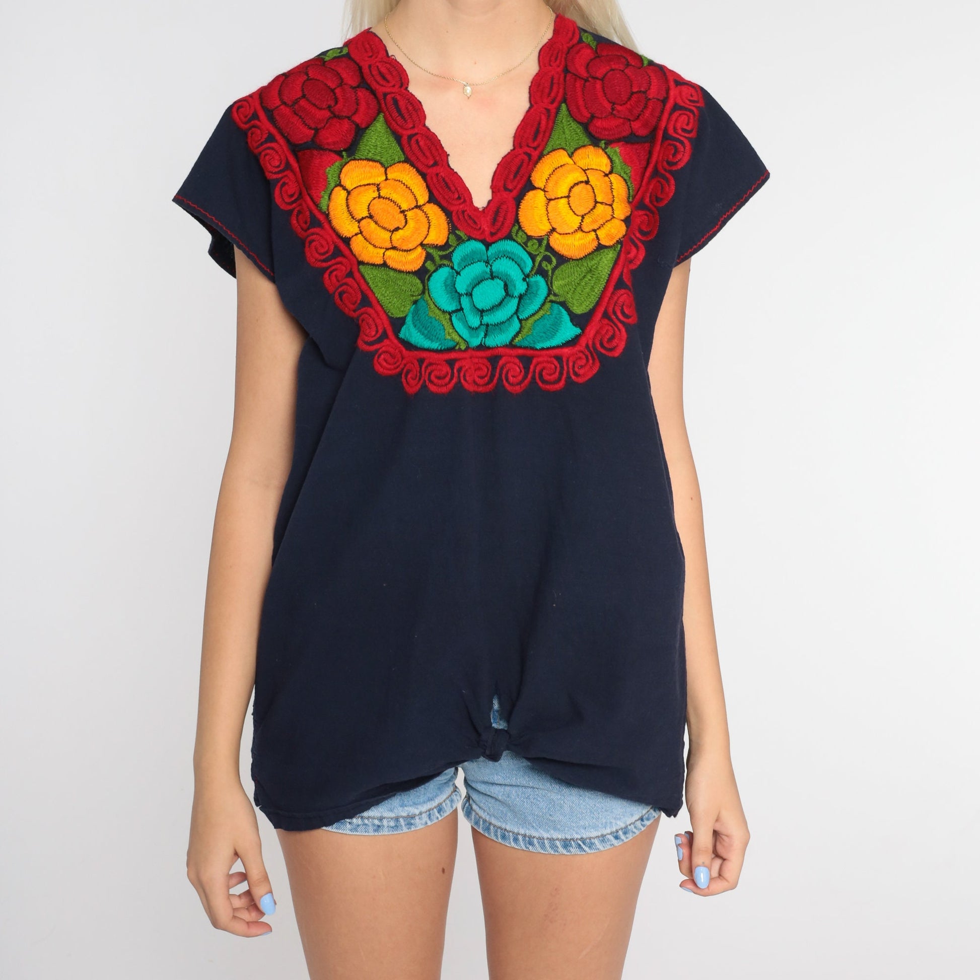 90s Mexican Navy Floral Embroidered Blouse Cap Sleeve Medium M