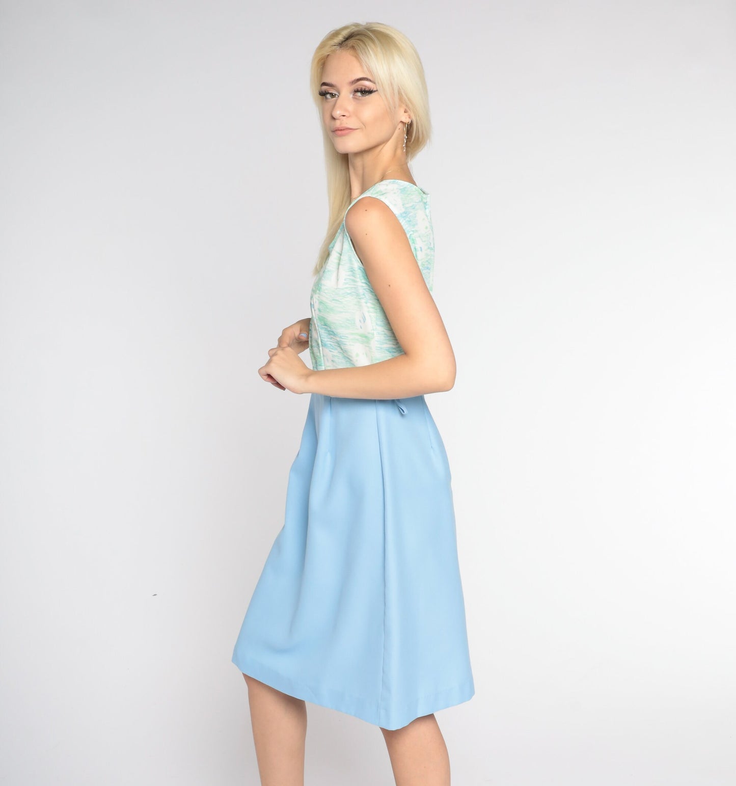 70s Watercolor Mini Dress Blue Green Sleeveless High Waist Small