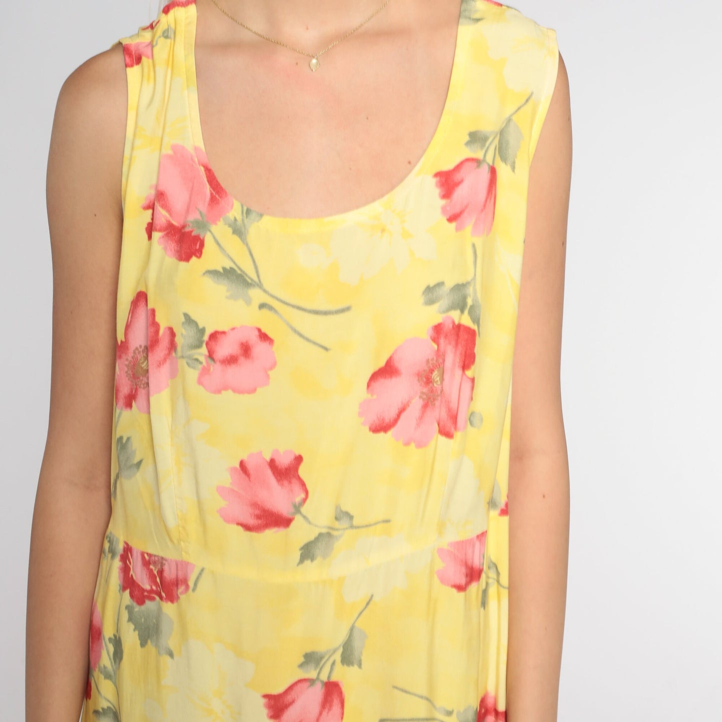 90s Yellow Poppy Print Maxi Dress Sleeveless Floral Large L