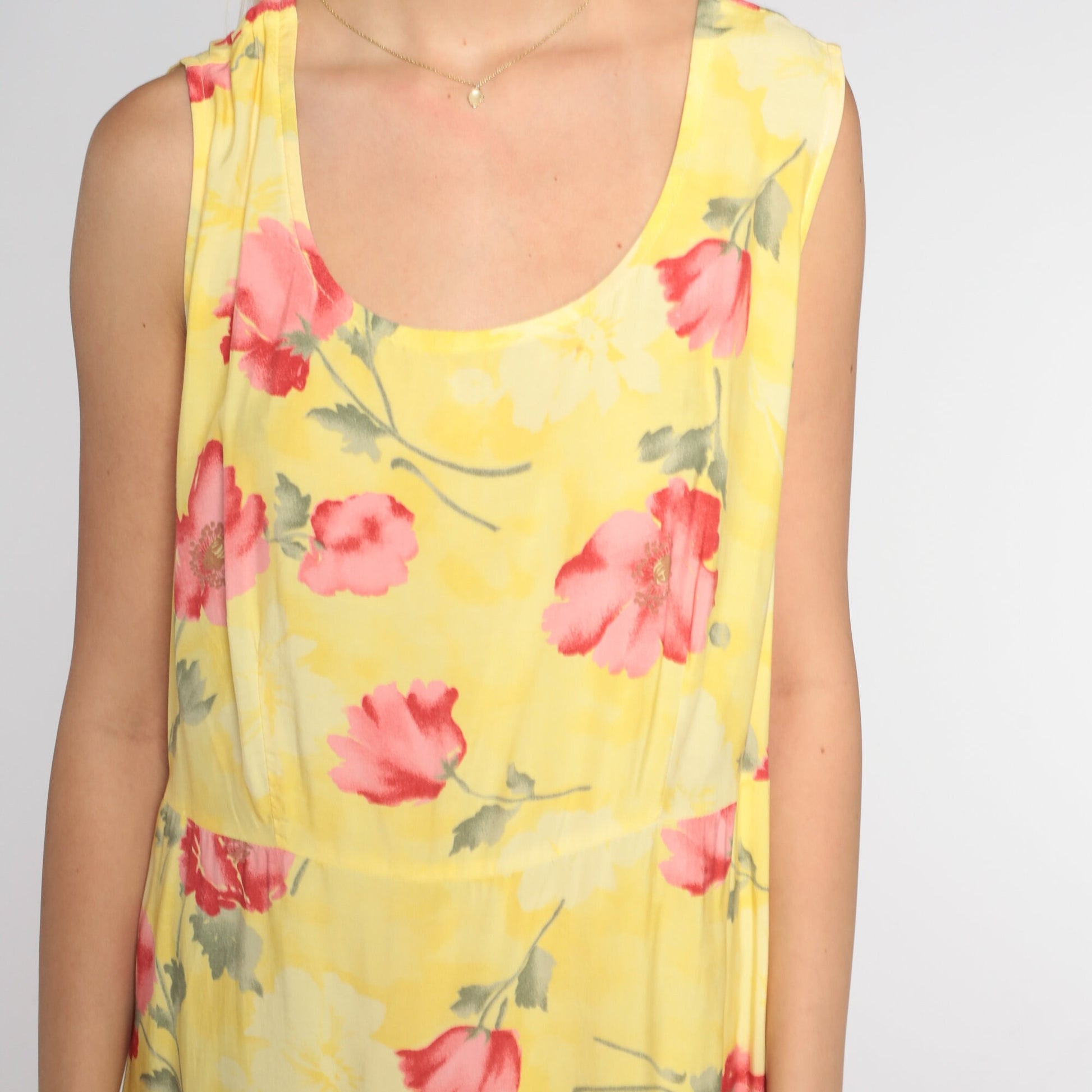 90s Yellow Poppy Print Maxi Dress Sleeveless Floral Large L