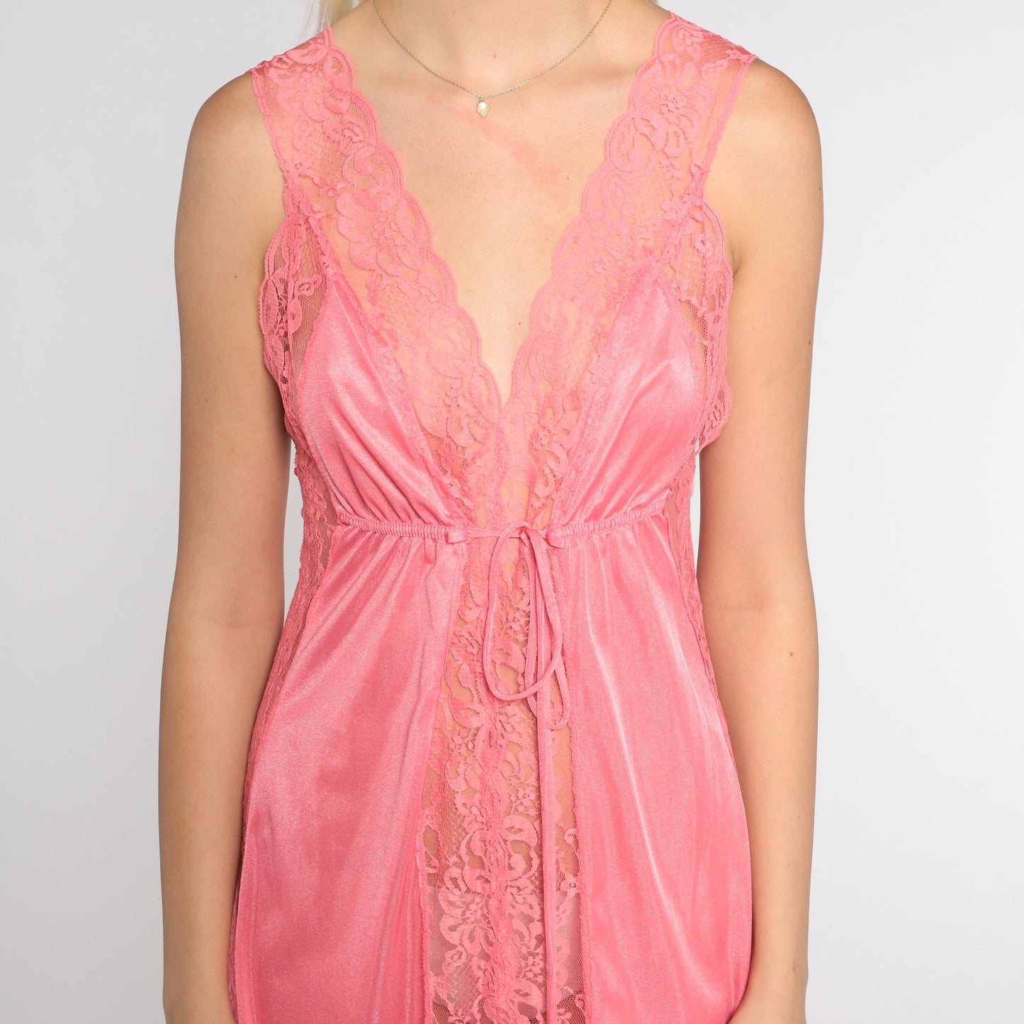 70s Bright Pink Sheer Floral Lace Nightgown Maxi Empire Waist Small