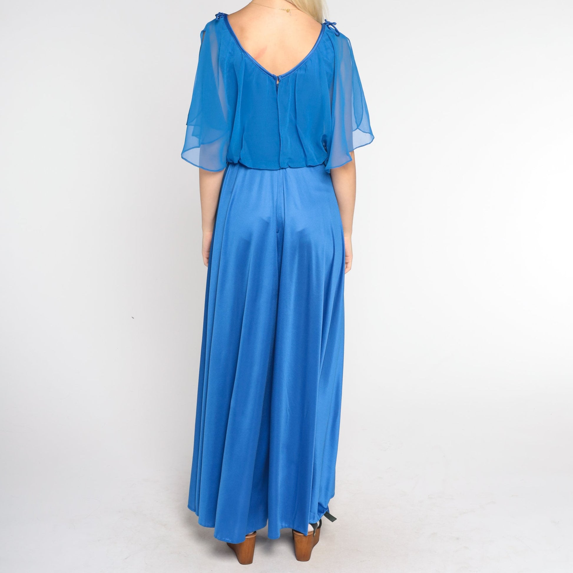70s Royal Blue Grecian Maxi Dress V-Neck Beaded Capelet High Waist Small