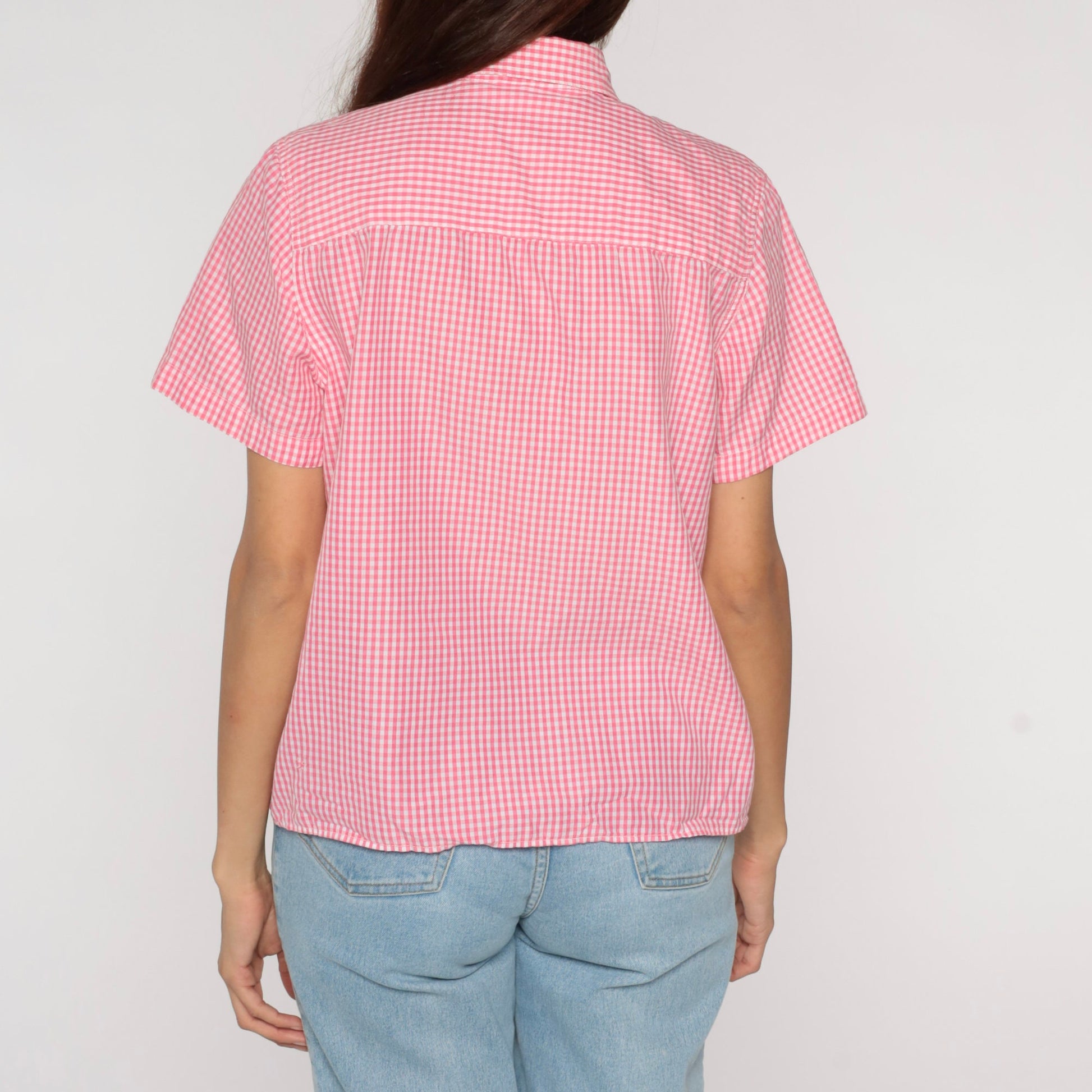 Y2K Pink Gingham Blouse Floral Embroidered Button Up Short Sleeve Medium M