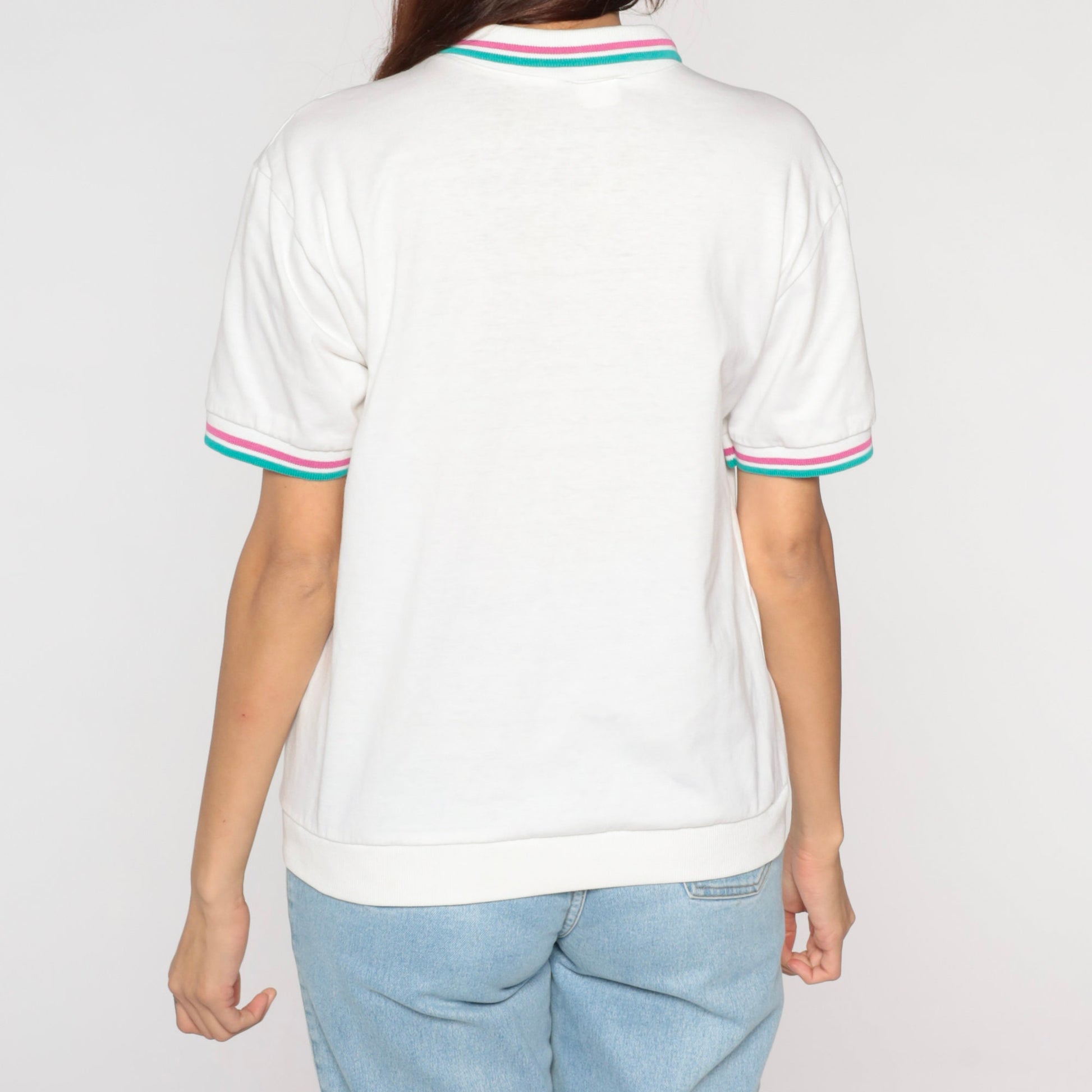 90s Big Cat Polo Shirt White Geometric Lion Tiger Print Medium