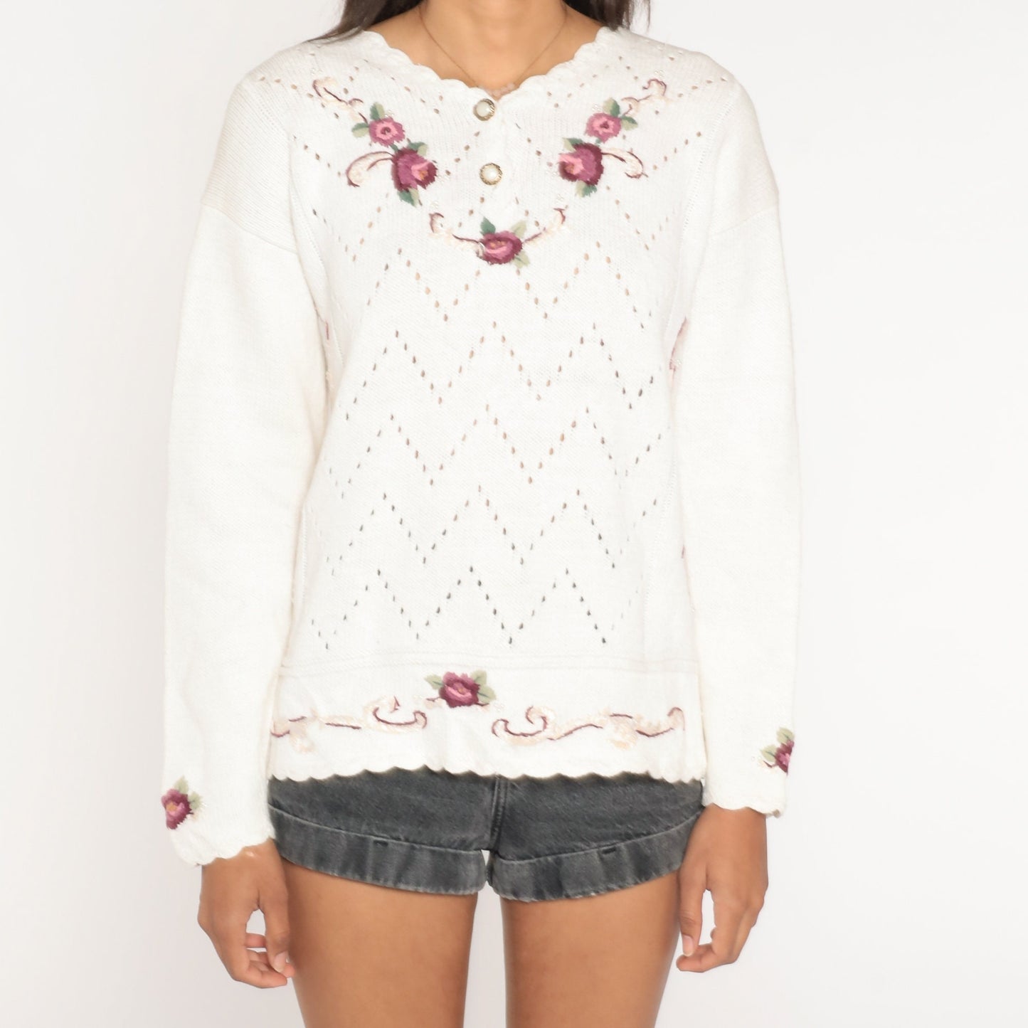 90s White Floral Embroidered Cutout Sweater Pearl Button Henley Medium Large