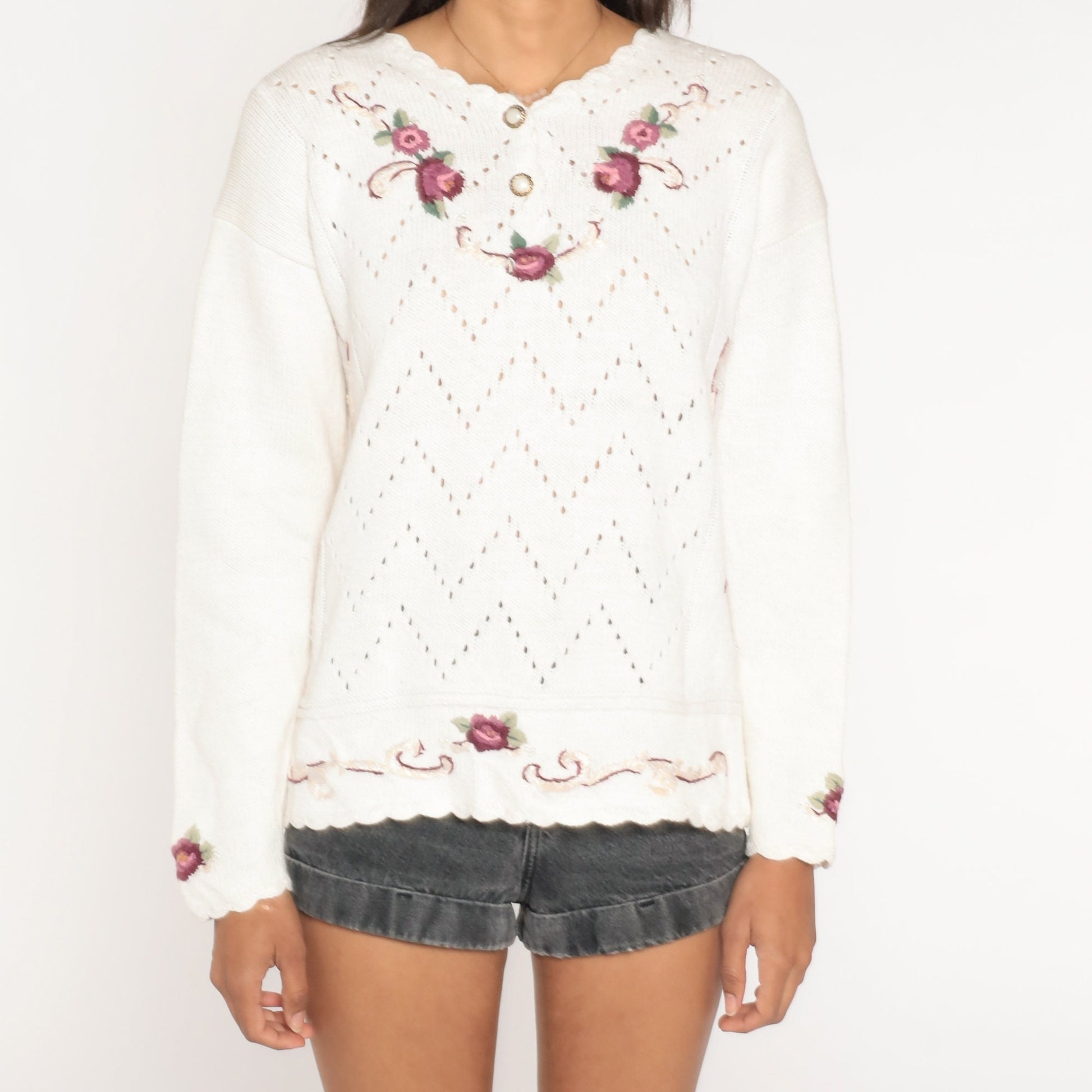 90s White Floral Embroidered Cutout Sweater Pearl Button Henley Medium Large