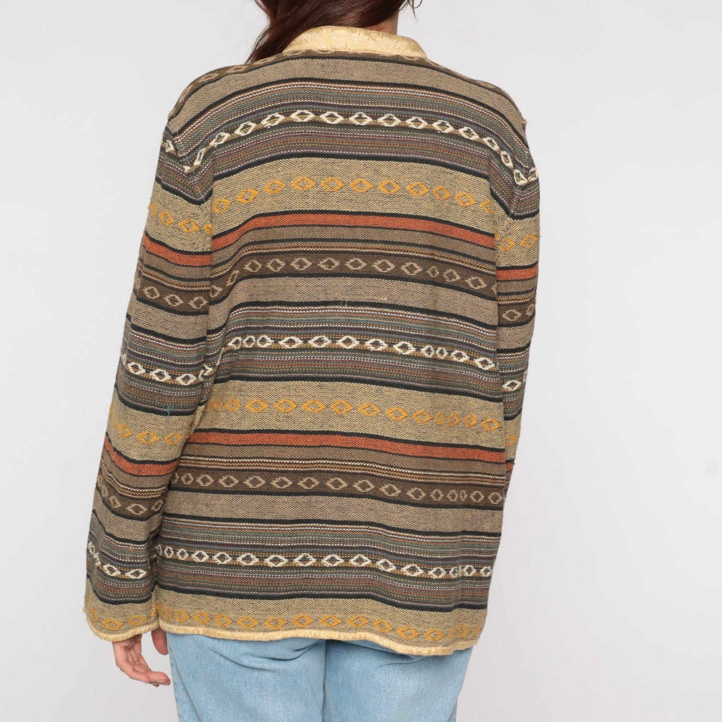 Y2K Striped Tapestry Button Jacket Floral Collar Cotton Neutral Extra Large XXL