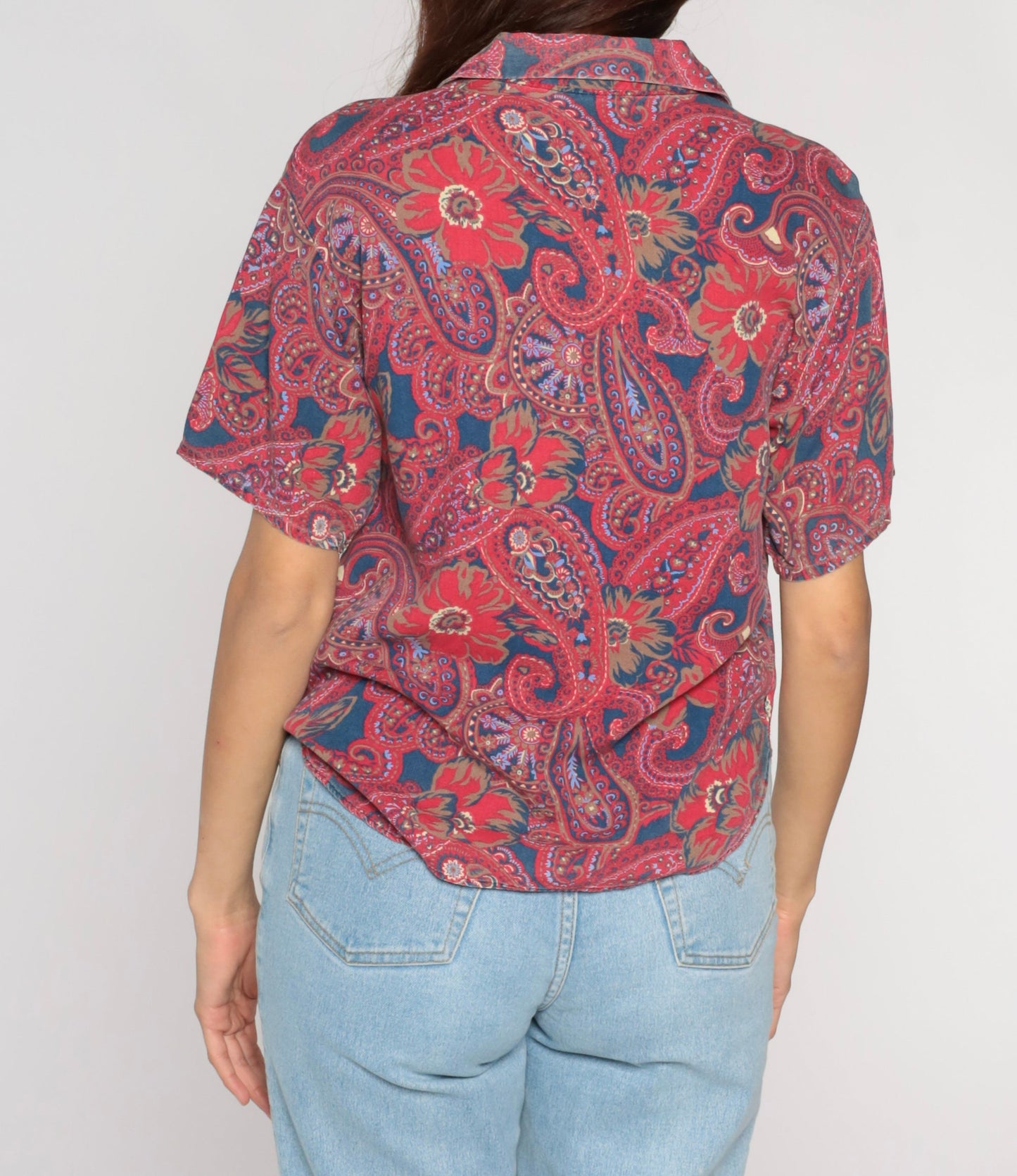 90s Paisley Floral Button Up Blouse Red Blue Short Sleeve Small