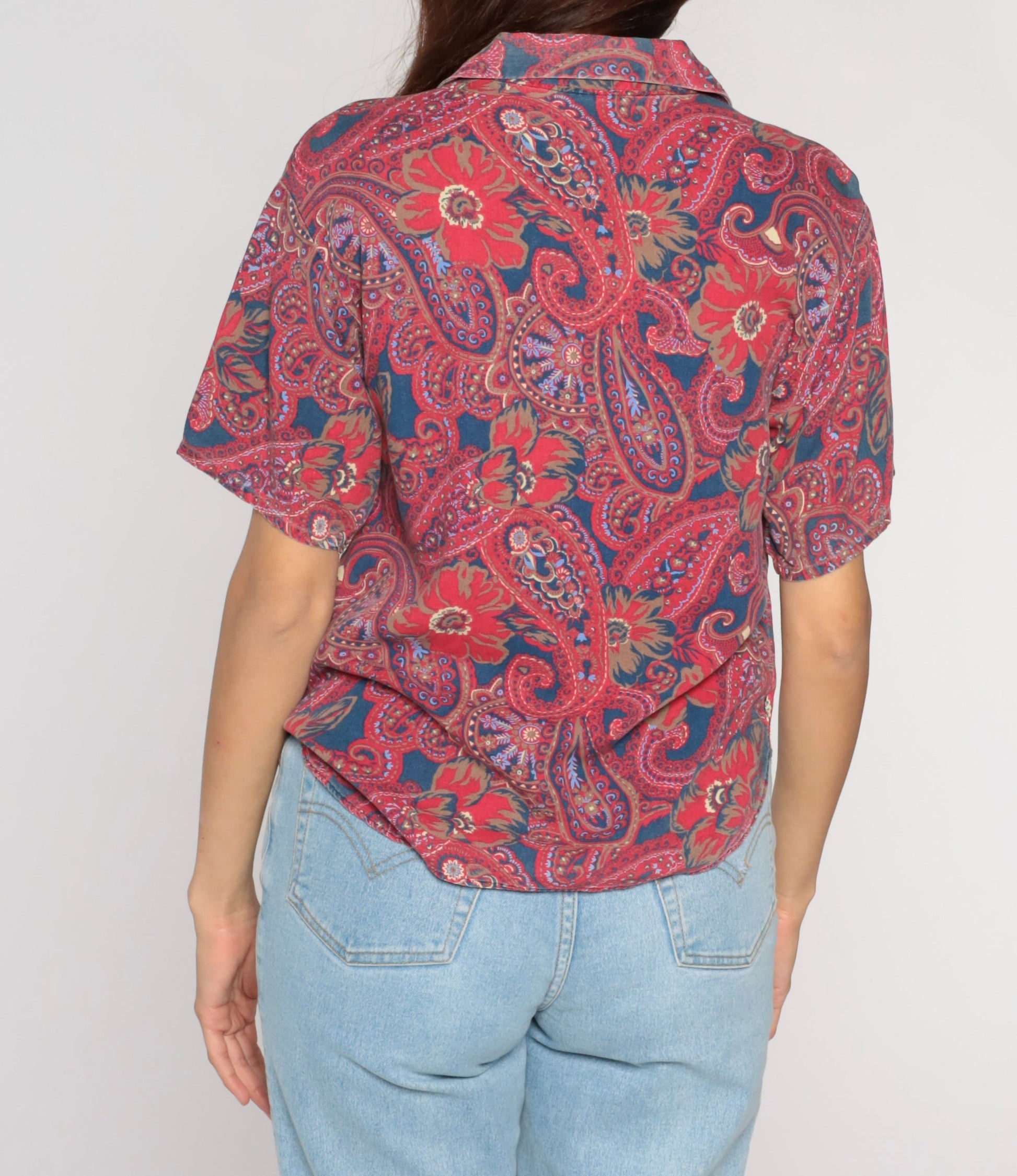 90s Paisley Floral Button Up Blouse Red Blue Short Sleeve Small