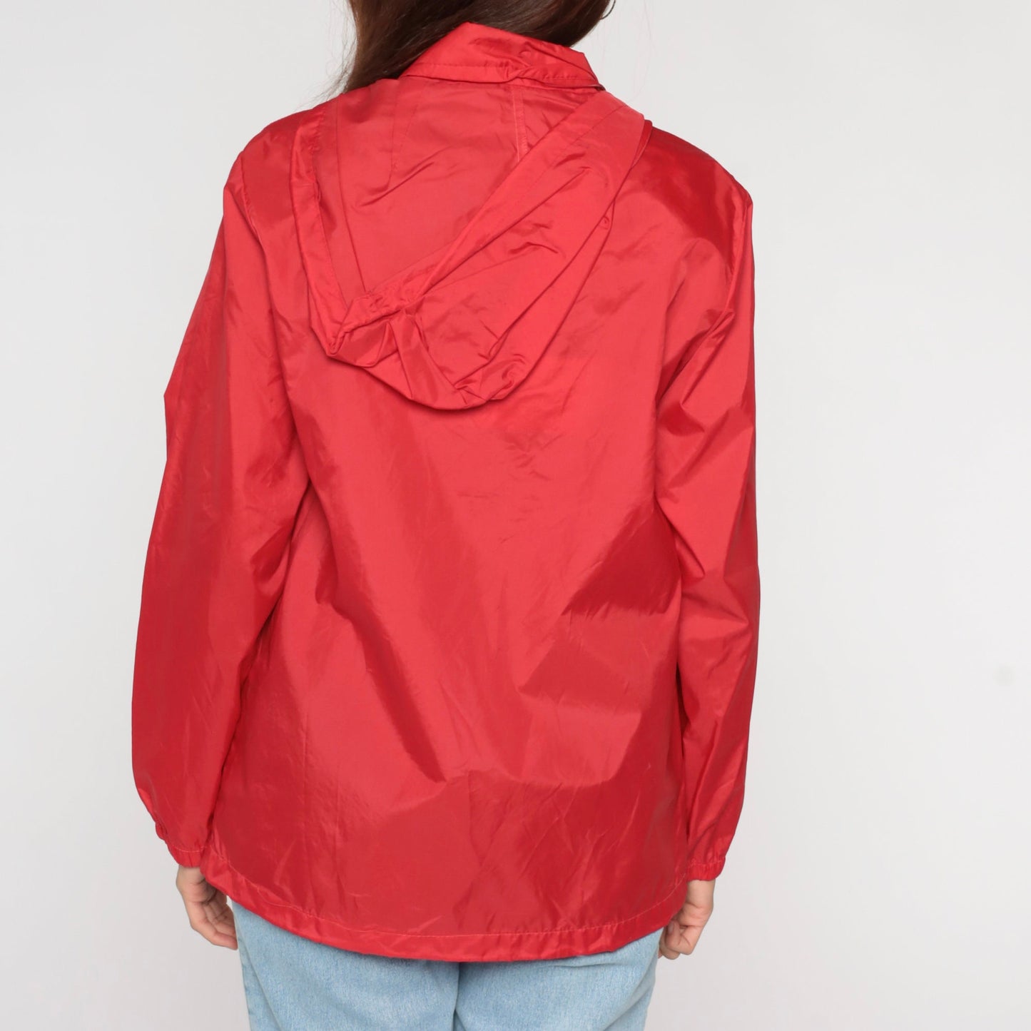 80s LL Bean Red Hooded Windbreaker Nylon Zip Jacket Small