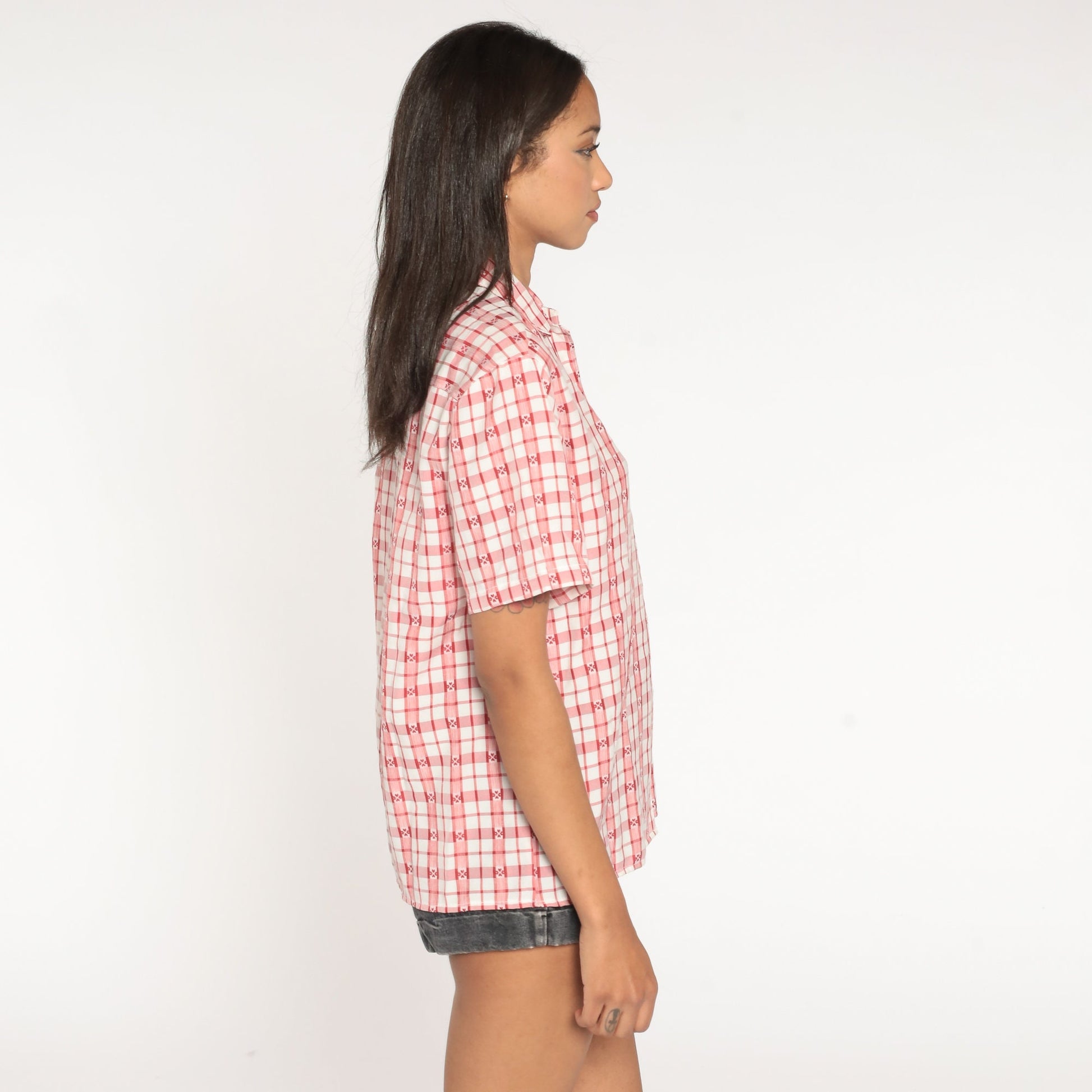 80s Plaid Heart Print Button-Up Shirt Red White Medium Large