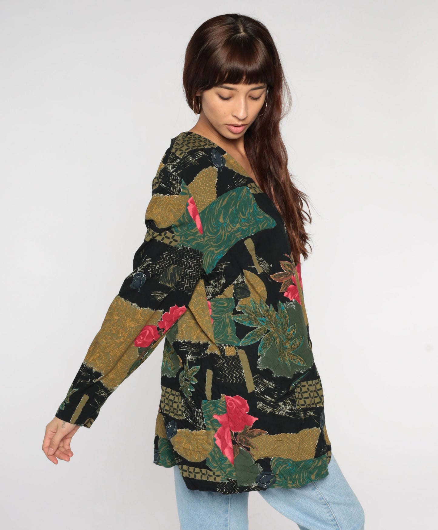 90s Patchwork Floral Rayon Jacket Deep V Button Front Rose Print Large
