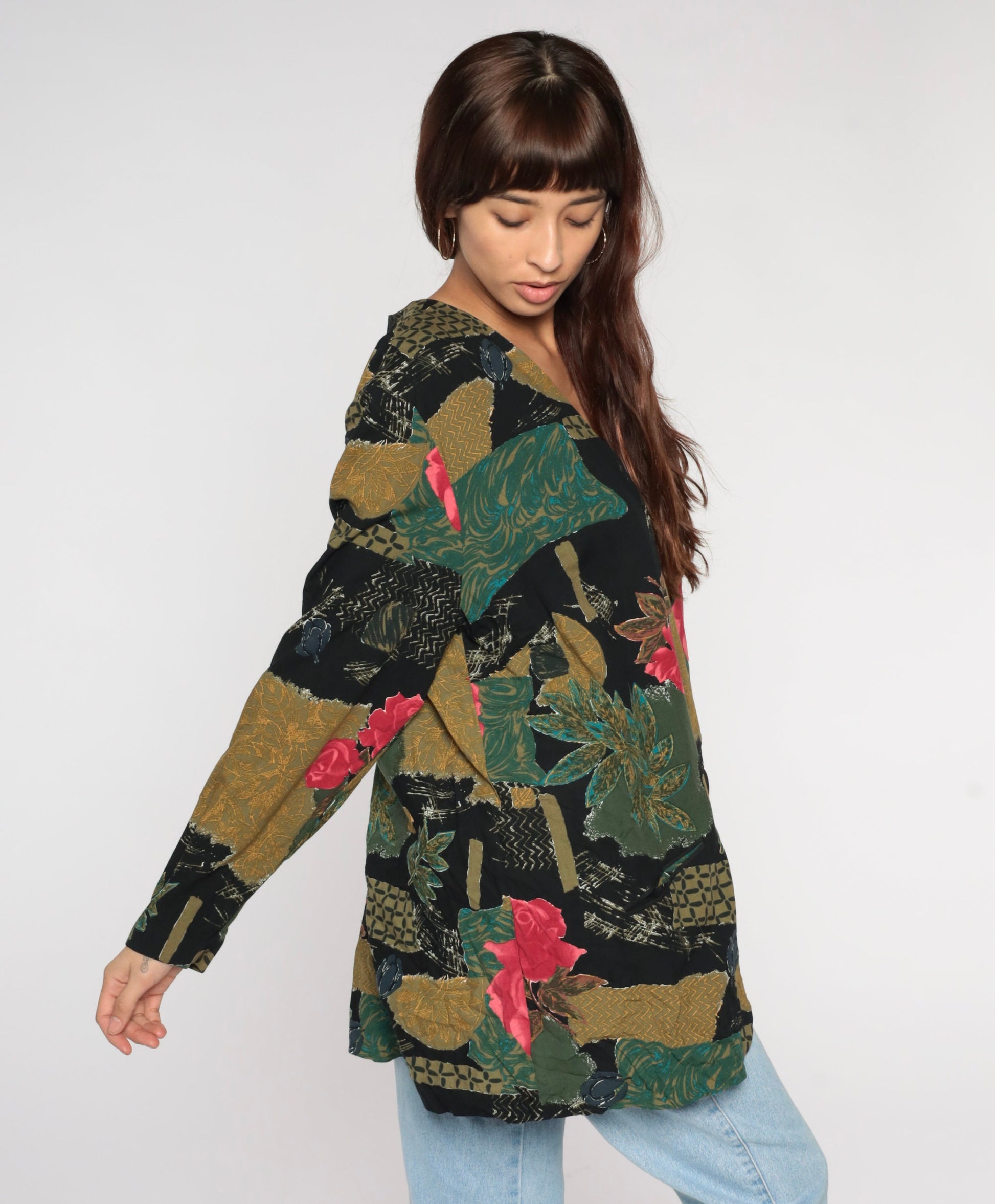 90s Patchwork Floral Rayon Jacket Deep V Button Front Rose Print Large