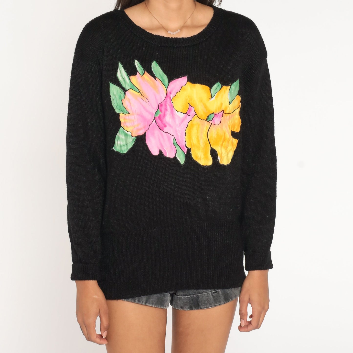 80s Black Floral Knit Sweater Pullover Tropical Graphic Medium