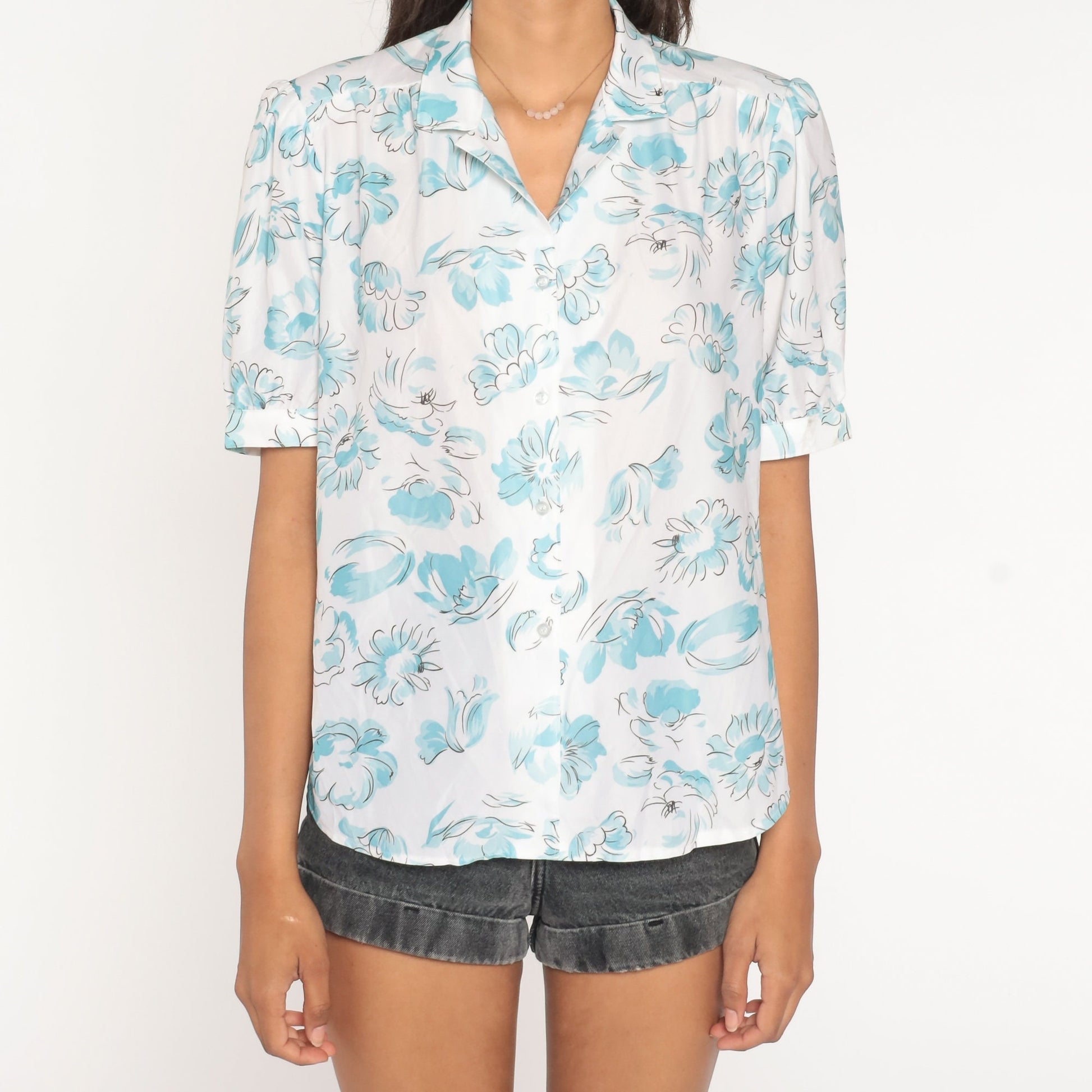 80s Floral Puff Sleeve Button-Up Blouse White Watercolor Print Large L