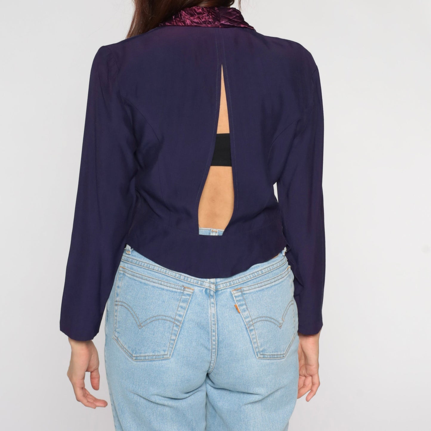 90s Purple Cascade Ruffle Blazer Cropped Jacket Woven Chest Extra Small