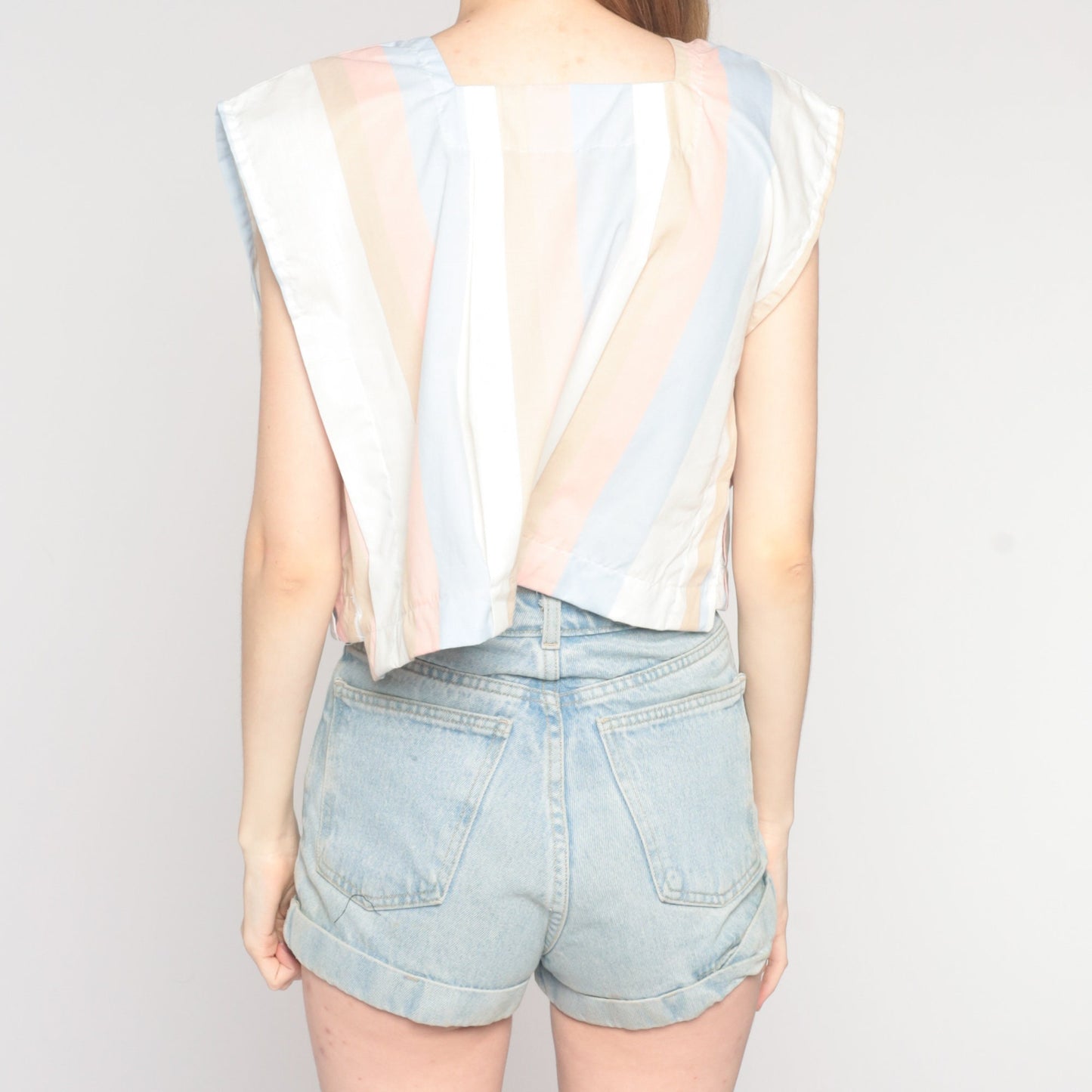 80s Striped Cap Sleeve Tank Top Pastel Blue Pink White Large L