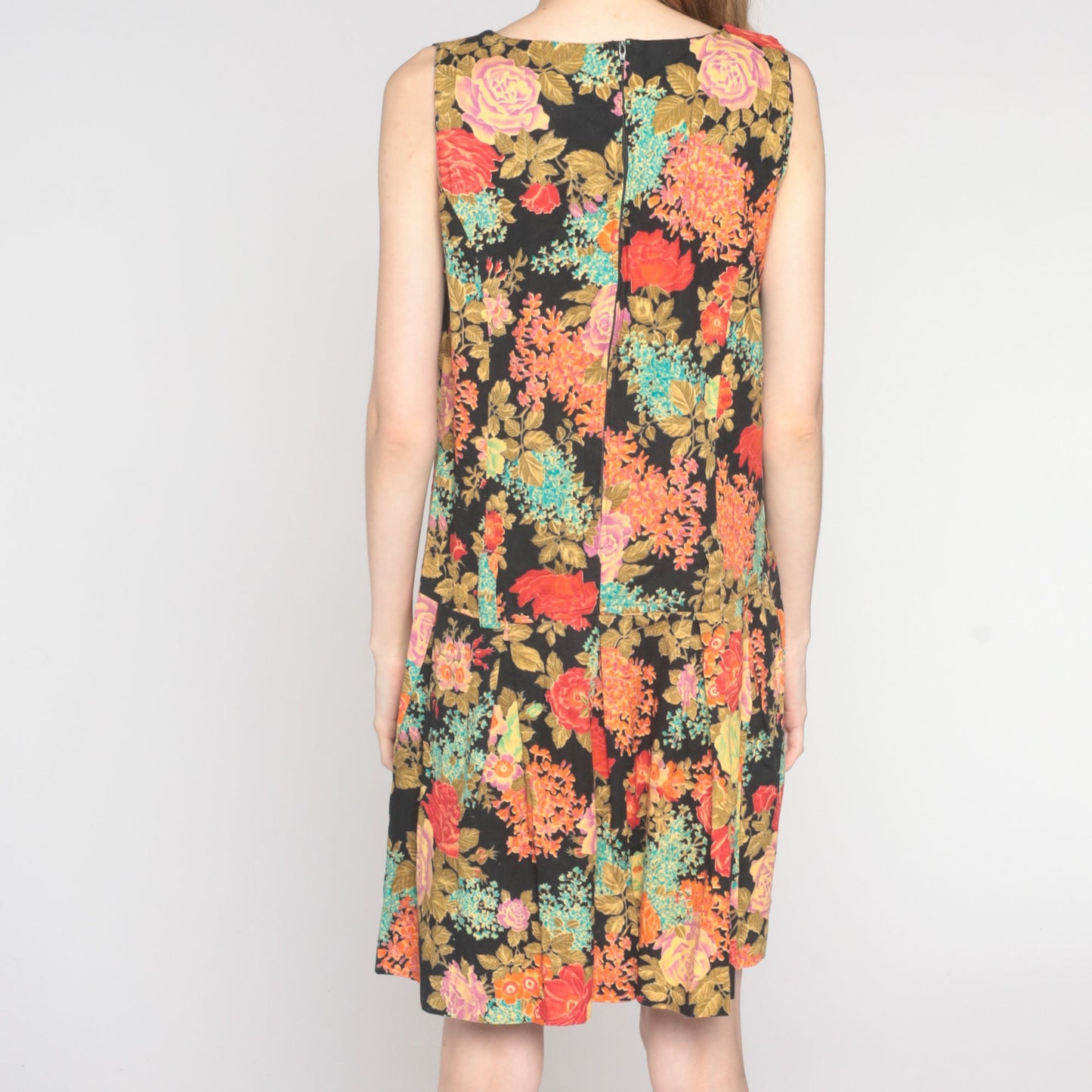 80s Joni Blair Floral Mini Dress Drop Waist Pleated Sleeveless Black Cotton Medium Large