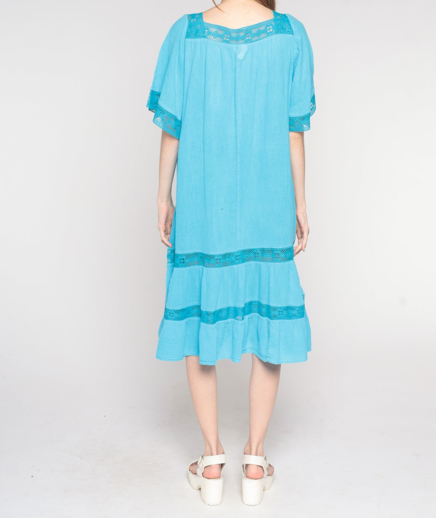 80s Blue Cotton Midi Dress Crochet Trim Tiered Trapeze Sundress Small